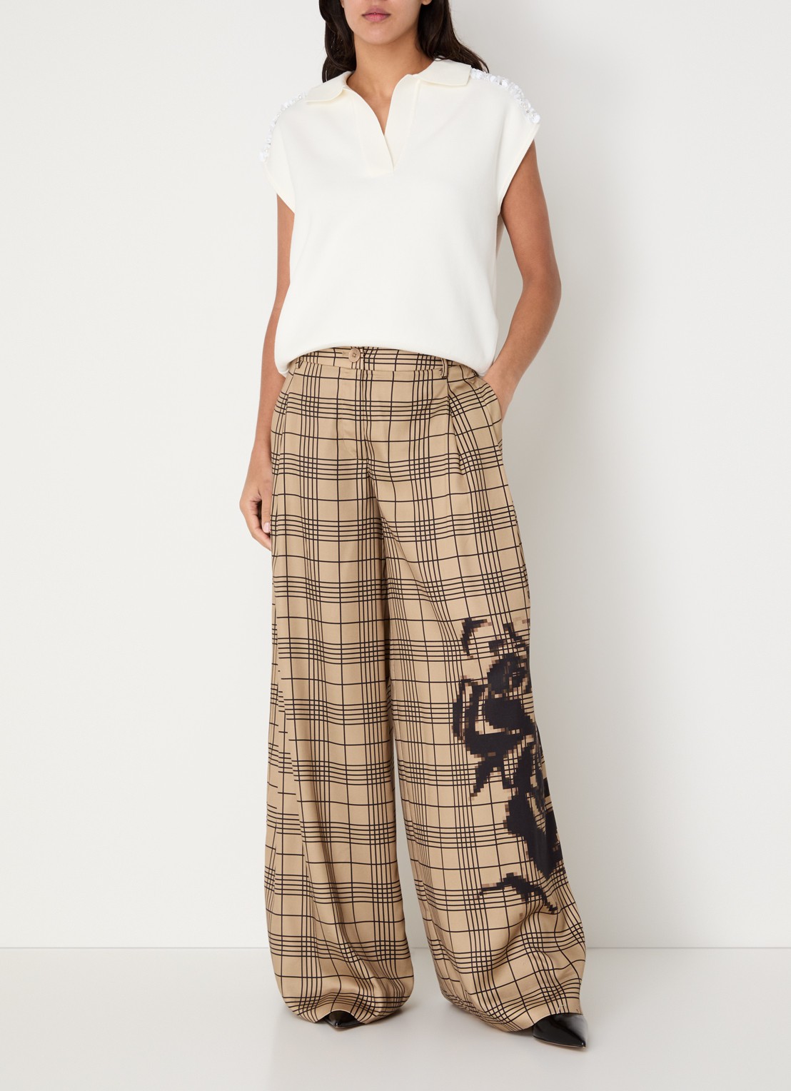Essentiel Antwerp High waist wide fit palazzo broek met ruitdessin - voorkant 3 beige