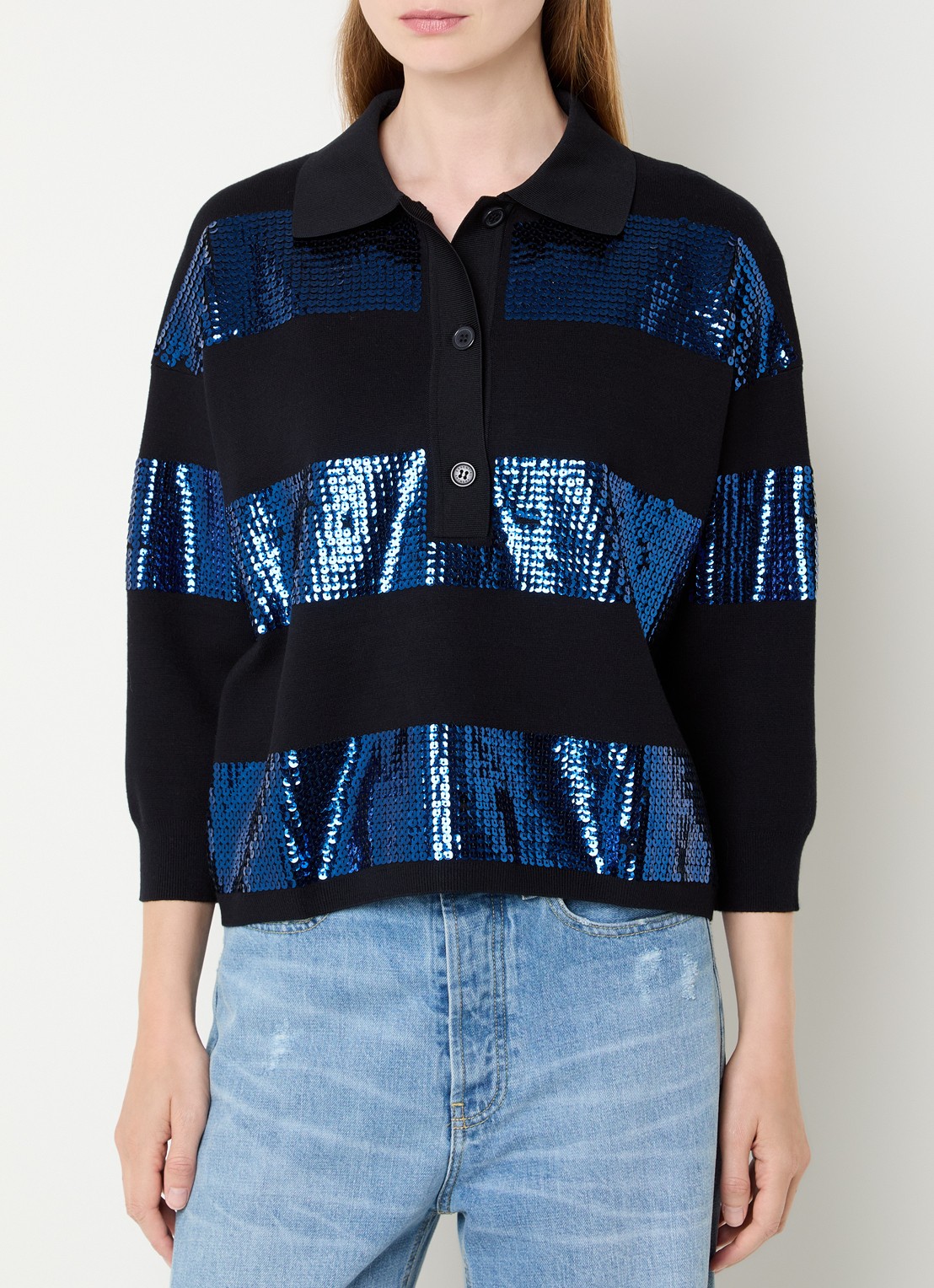 Essentiel Antwerp Illuminati polo met pailletten - detail 4 donkerblauw
