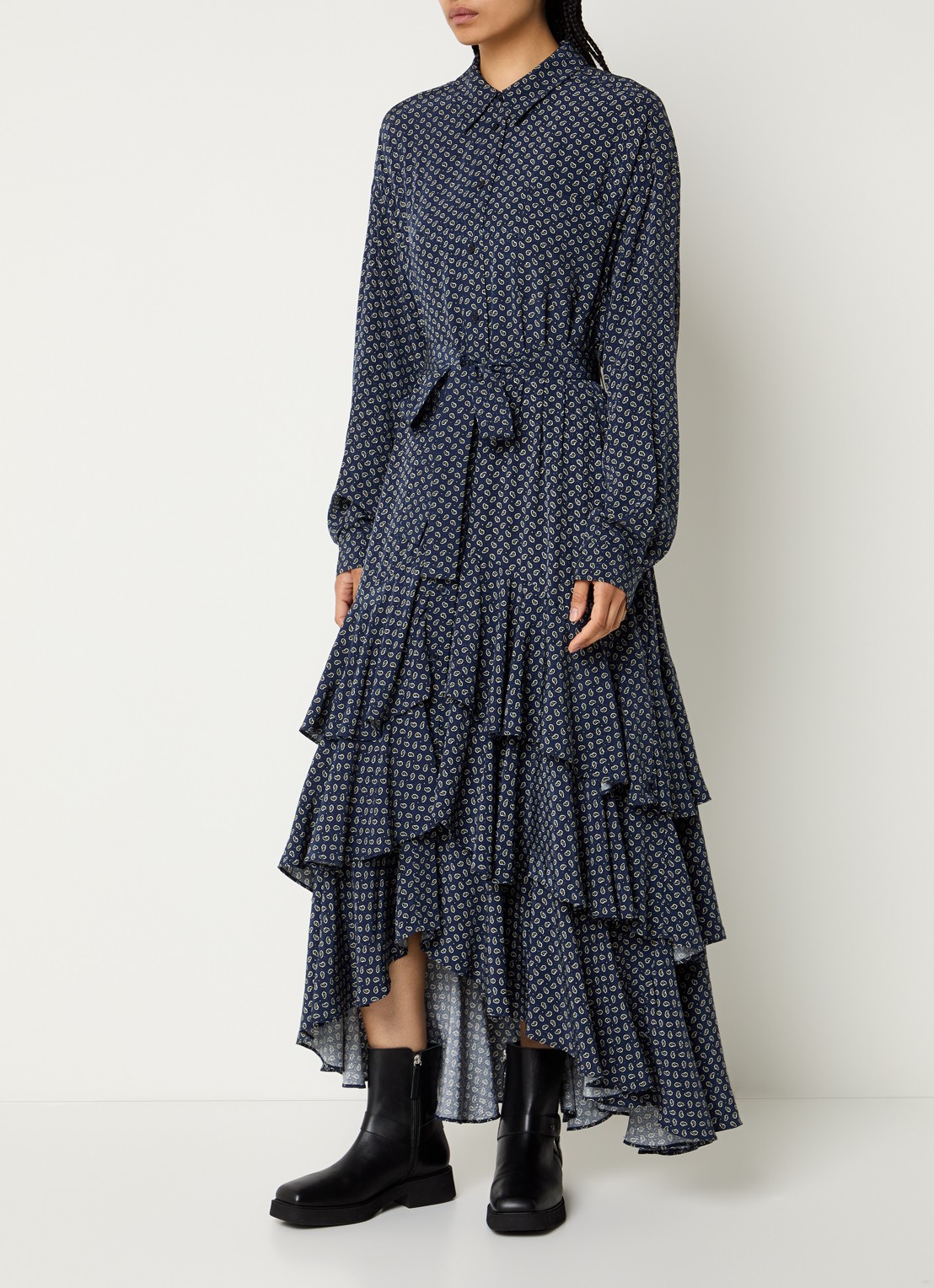 Essentiel Antwerp Imagazine maxi blousejurk met strikceintuur - detail 2 donkerblauw