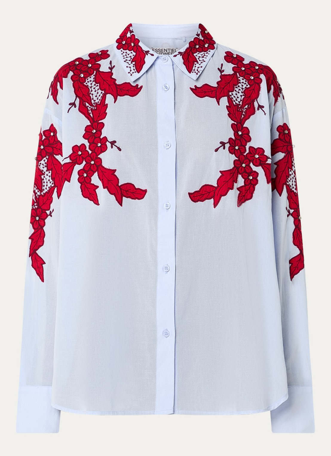 Essentiel Antwerp Inglewood blouse met bloemborduring en strass - voorkant 2 lichtblauw
