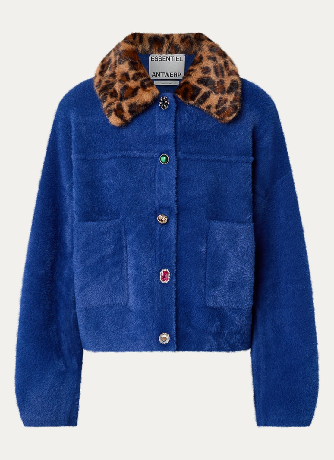 Essentiel Antwerp Intention fijngebreid vest met afneembare imitatiebontkraag - voorkant donkerblauw