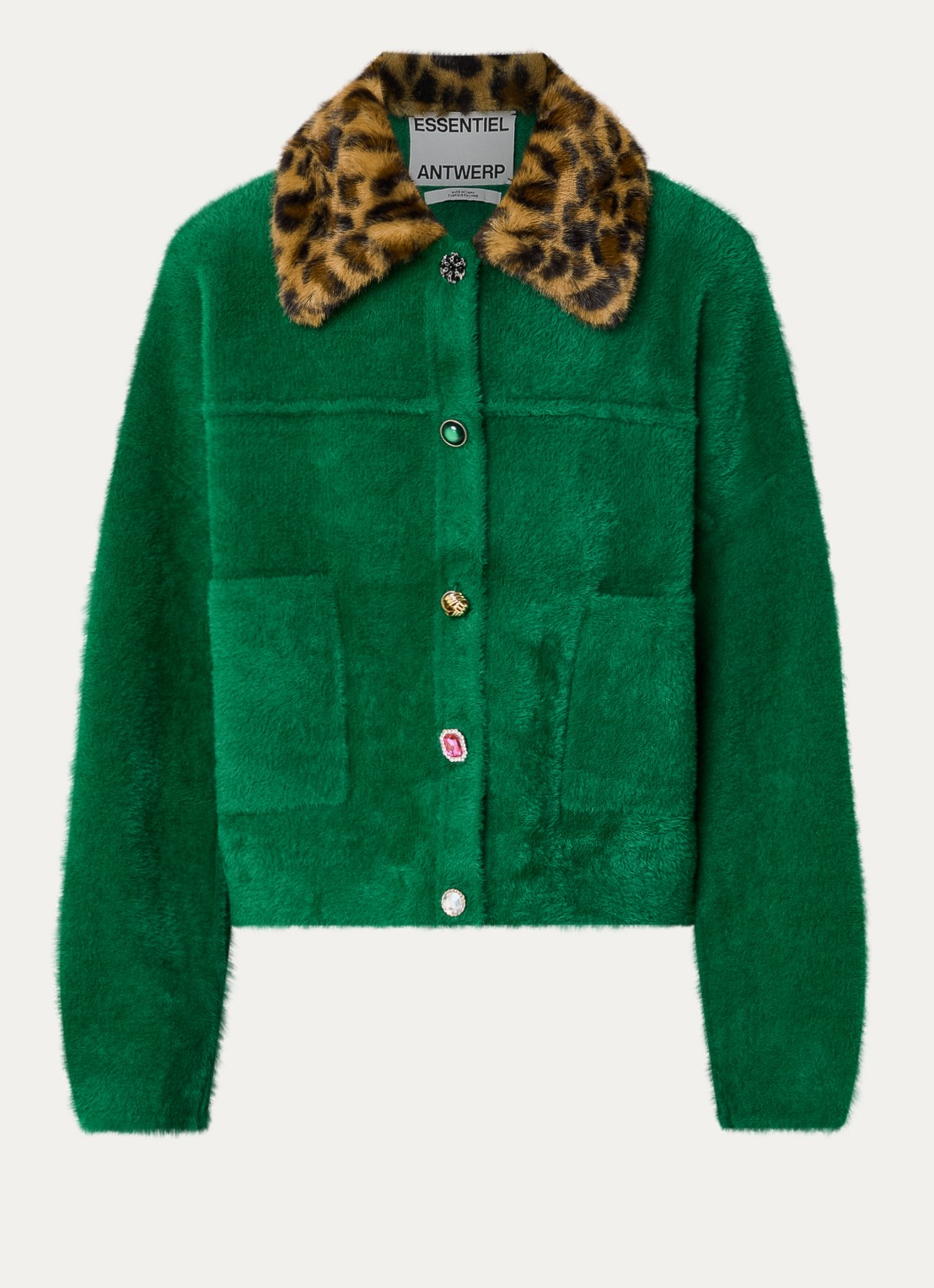 Essentiel Antwerp Intention fijngebreid vest met afneembare imitatiebontkraag - voorkant 3 groen