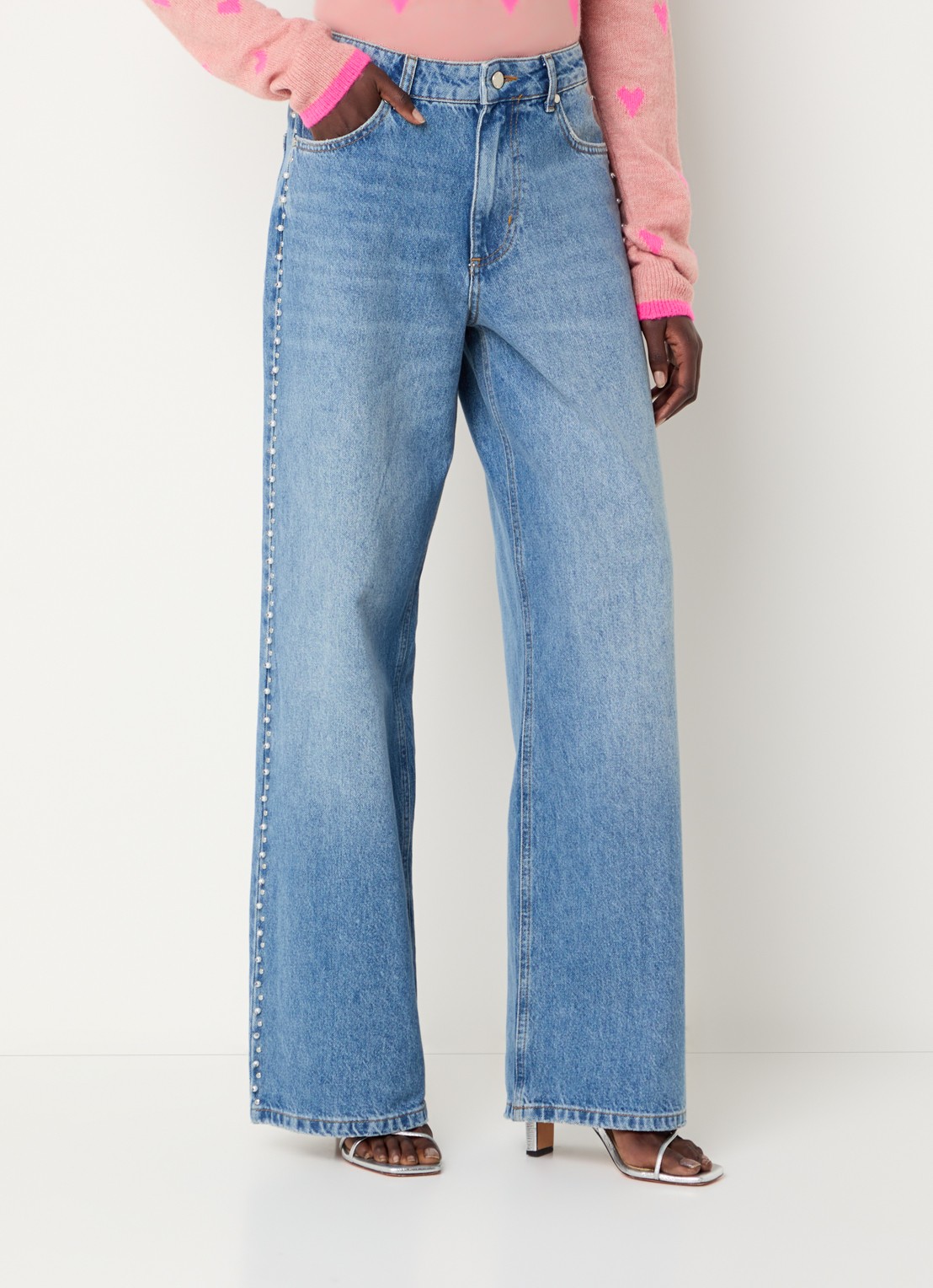 Essentiel Antwerp Interesting high waist wide leg jeans met strass - detail indigo