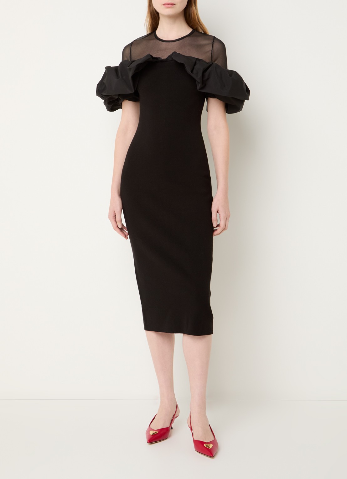 Essentiel Antwerp Isatis semi-transparante midi kokerjurk met pofmouw - detail 3 zwart