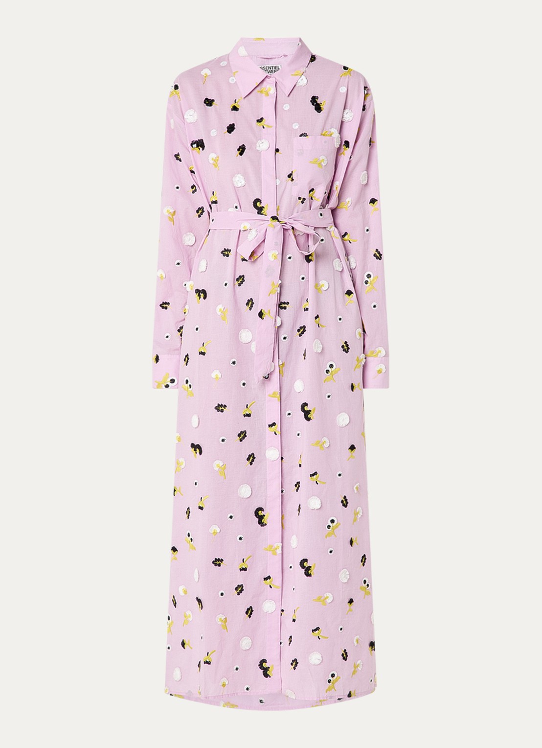Essentiel Antwerp Jamanna midi blousejurk met bloemborduring en strikceintuur - voorkant 3 lila