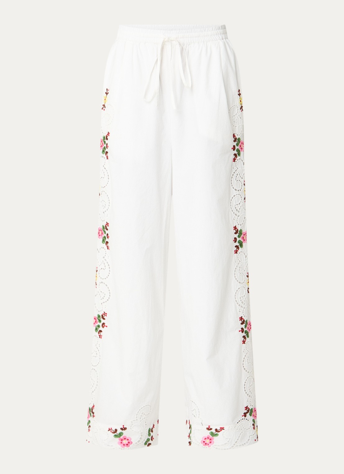 Essentiel Antwerp Janai high waist wide fit broek met bloemborduring - voorkant 2 wit