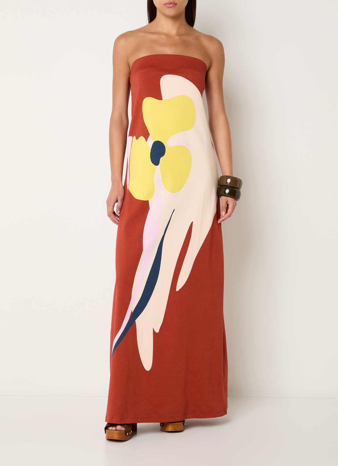 Essentiel Antwerp Jannick strapless maxi jurk met print - detail oranjerood