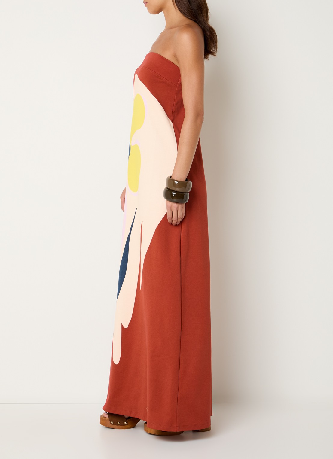 Essentiel Antwerp Jannick strapless maxi jurk met print - voorkant 3 oranjerood