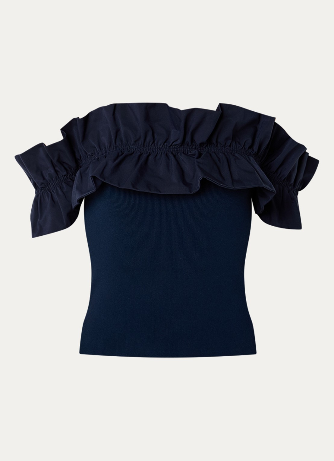 Essentiel Antwerp Jaqua off shoulder top met volant - voorkant donkerblauw