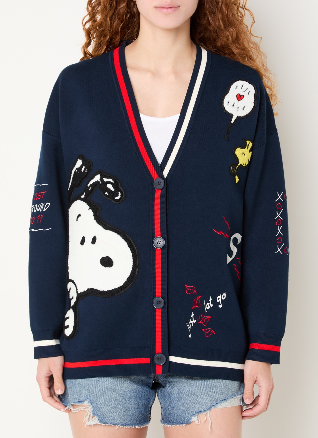 Essentiel Antwerp Jaseball fijngebreid vest met patchwork - detail 2 donkerblauw