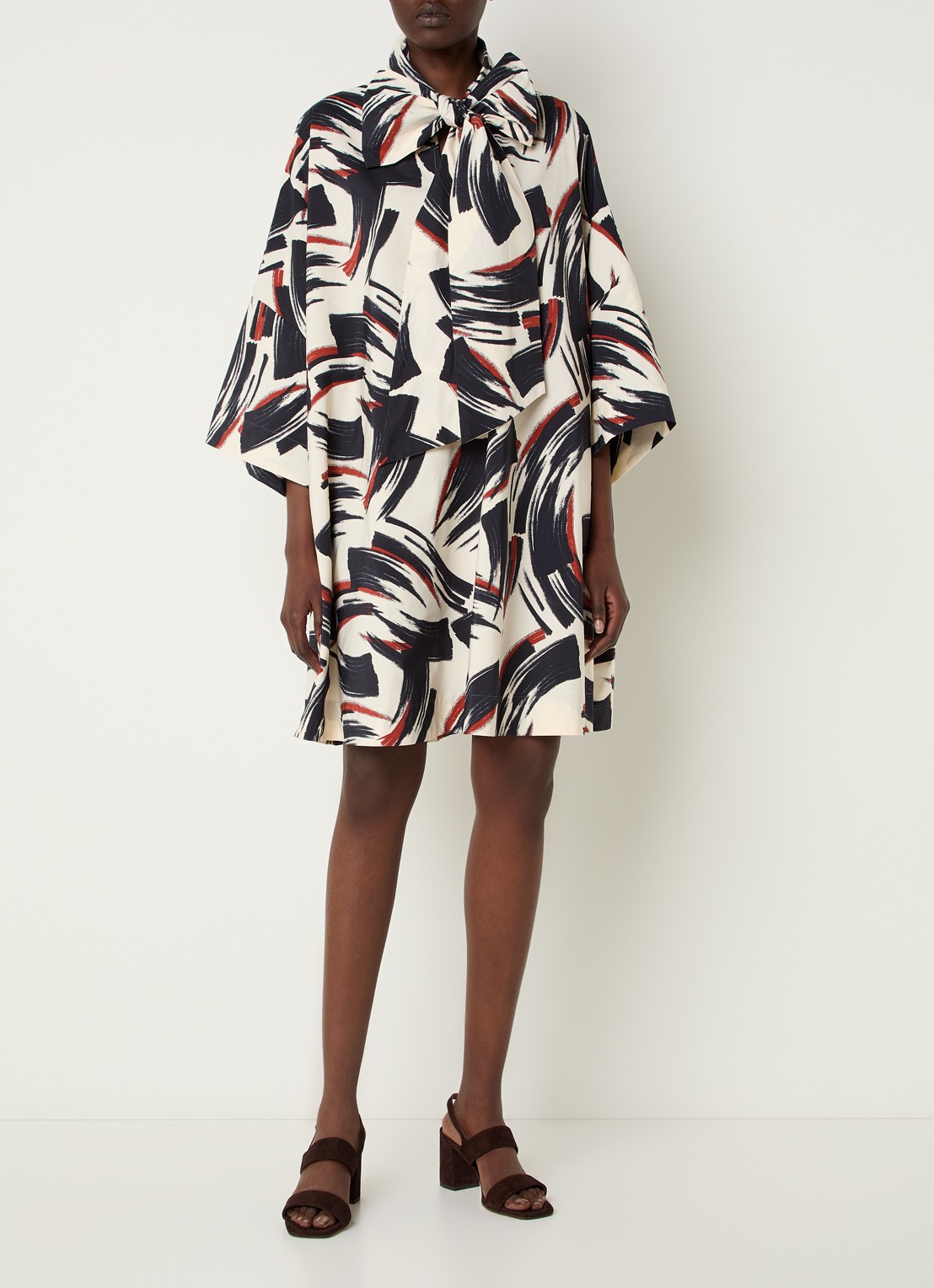 Essentiel Antwerp Jenadine mini tuniekjurk met print en gestrikt detail - voorkant 2 donkerblauw
