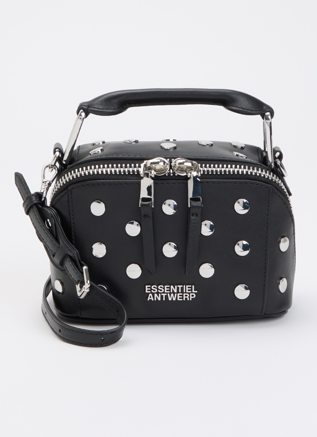 Essentiel Antwerp Jeri Mini handtas van leer met studs en afneembare schouderriem - voorkant zwart