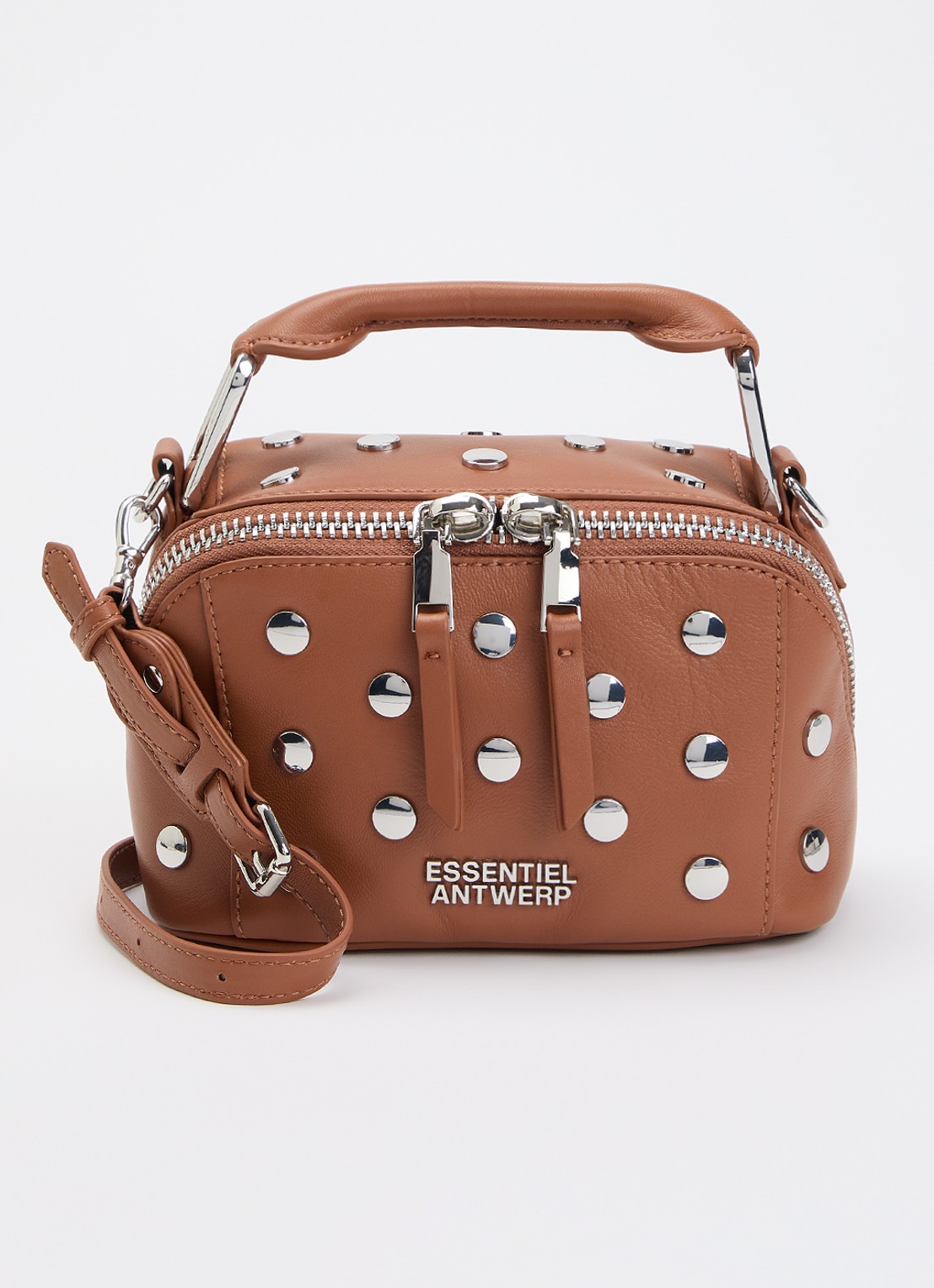 Essentiel Antwerp Jeri Mini handtas van leer met studs en afneembare schouderriem - voorkant 5 bruin