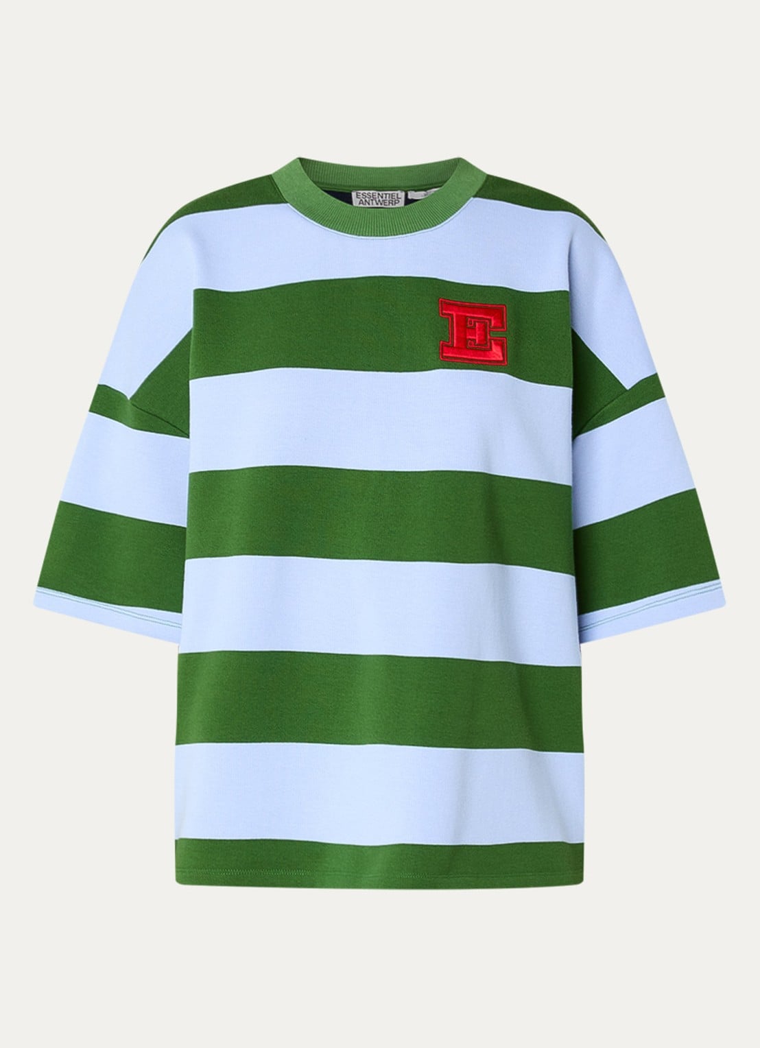 Essentiel Antwerp Jingenie sweater met streepprint  - voorkant groen