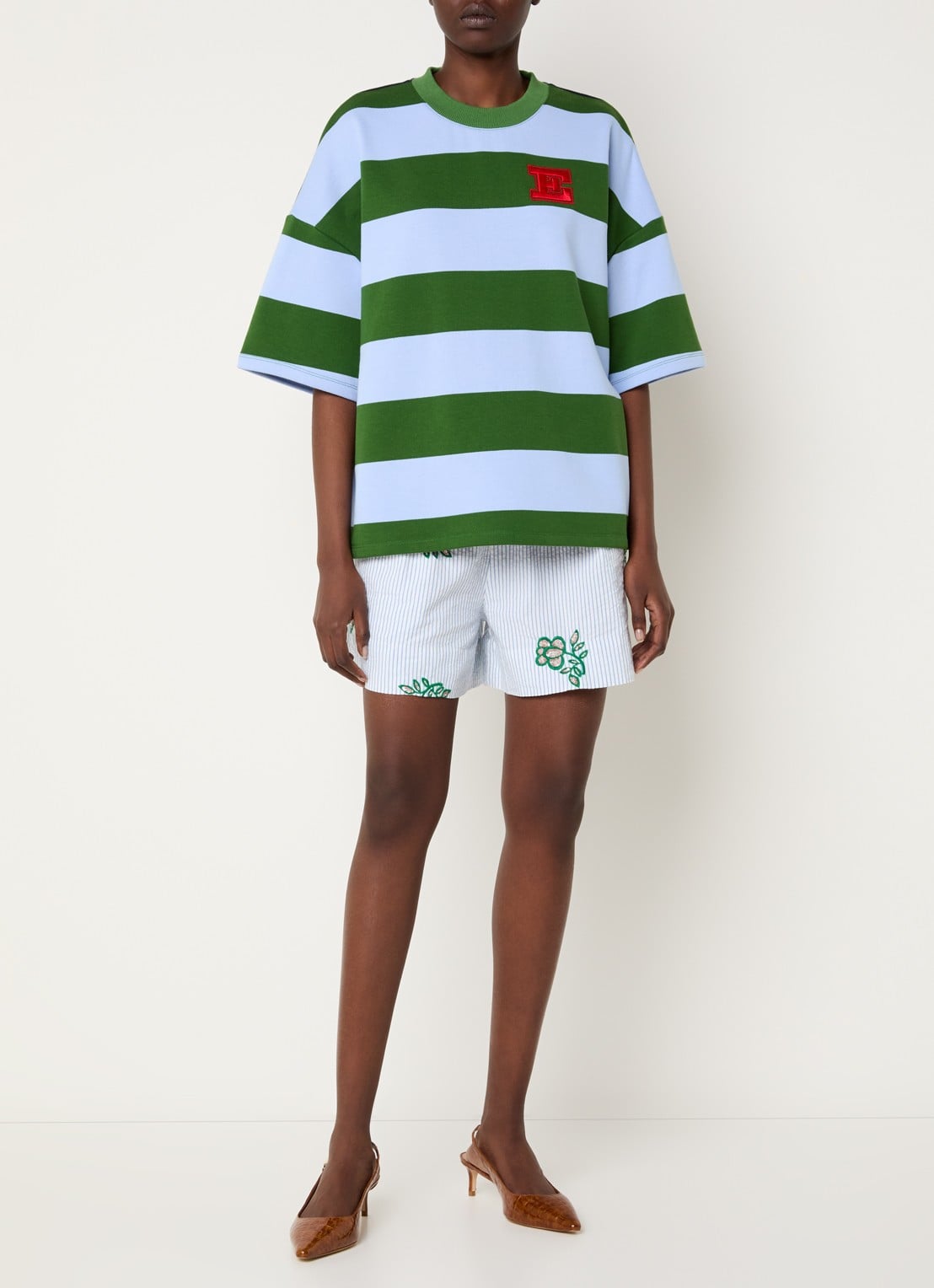 Essentiel Antwerp Jingenie sweater met streepprint  - voorkant 2 groen