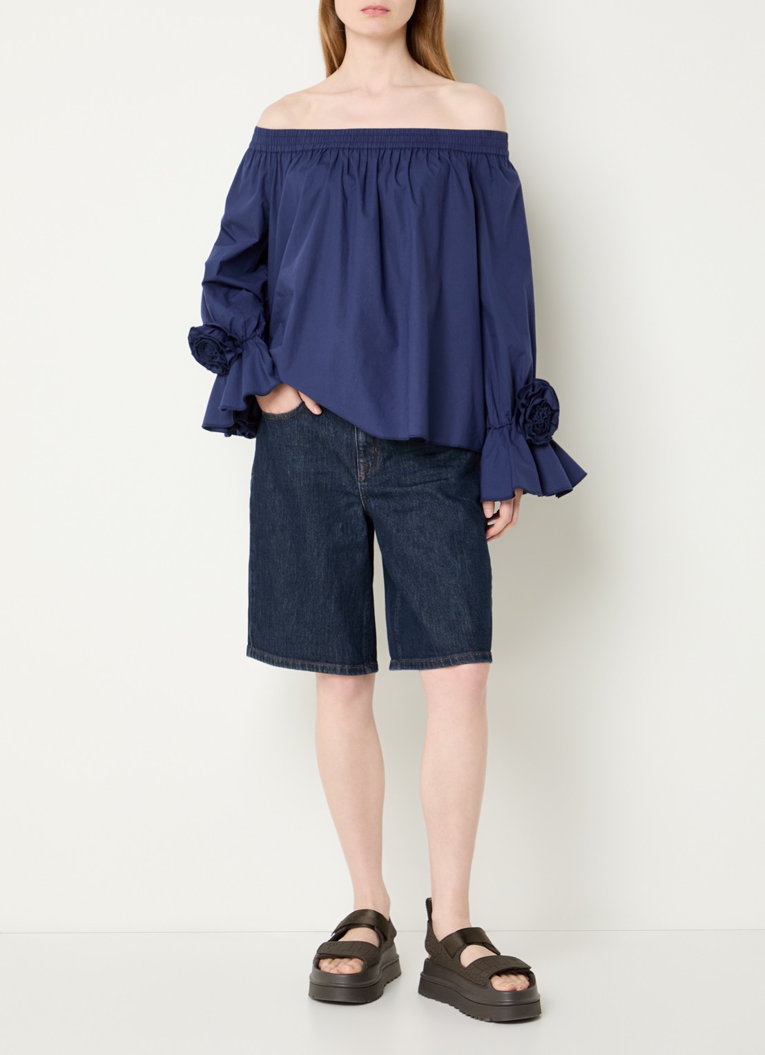 Essentiel Antwerp Jofie off shoulder top met applicatie - voorkant 2 donkerblauw