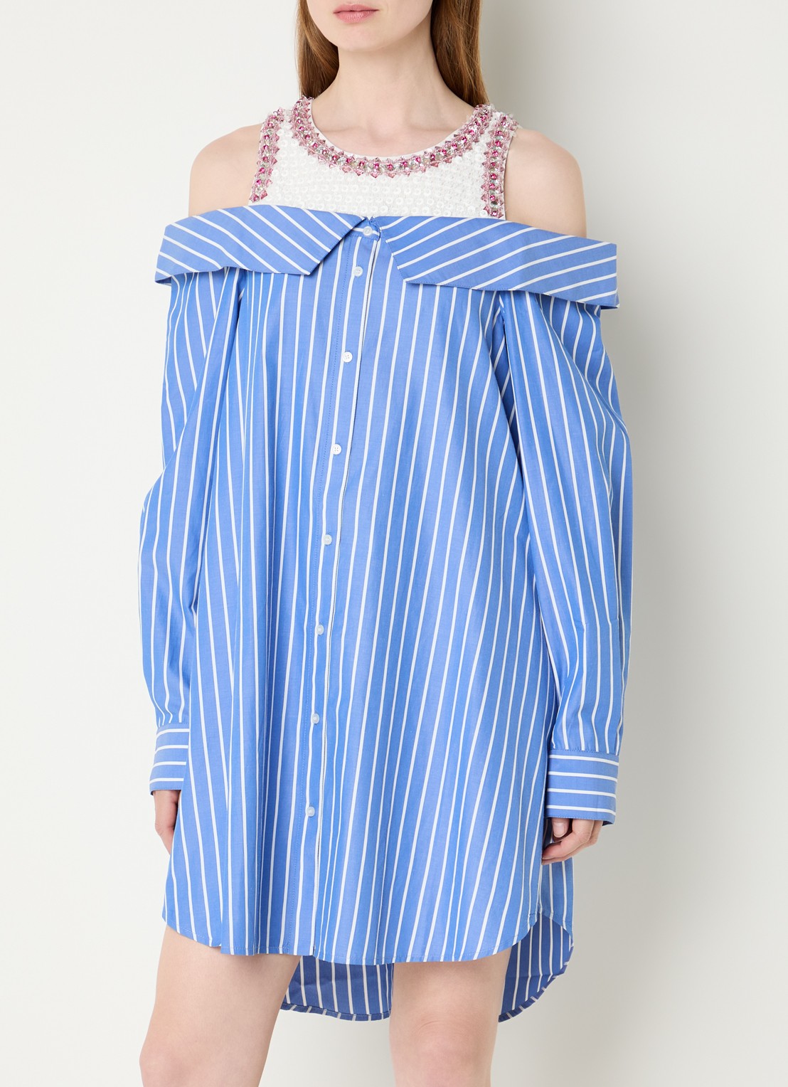 Essentiel Antwerp Jori mini blousejurk met streepprint en pailletten  - detail 4 blauw