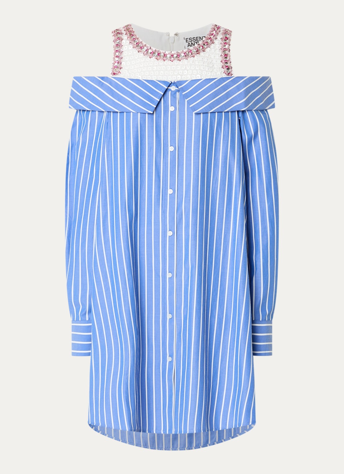 Essentiel Antwerp Jori mini blousejurk met streepprint en pailletten  - voorkant blauw