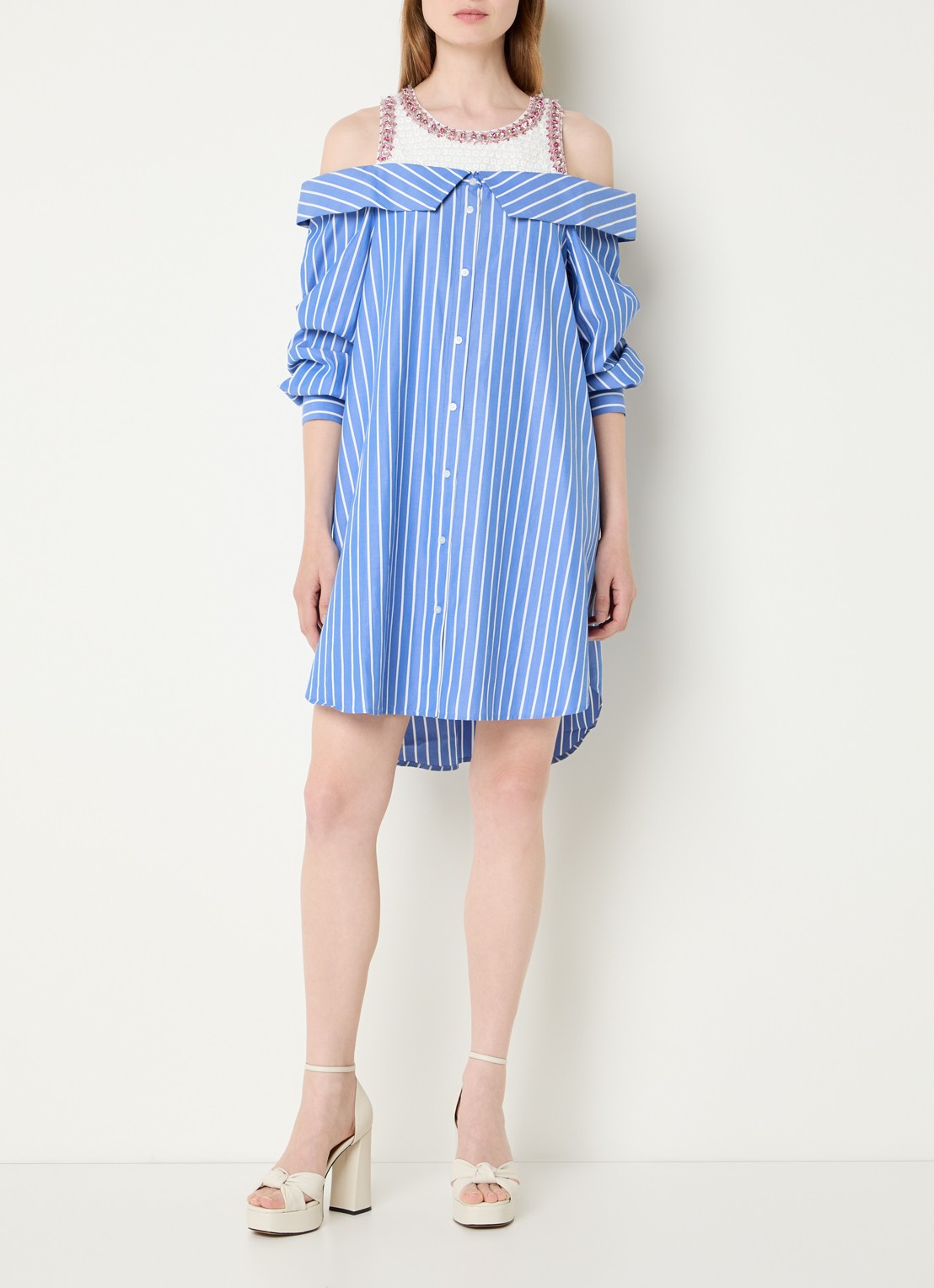 Essentiel Antwerp Jori mini blousejurk met streepprint en pailletten  - voorkant 2 blauw