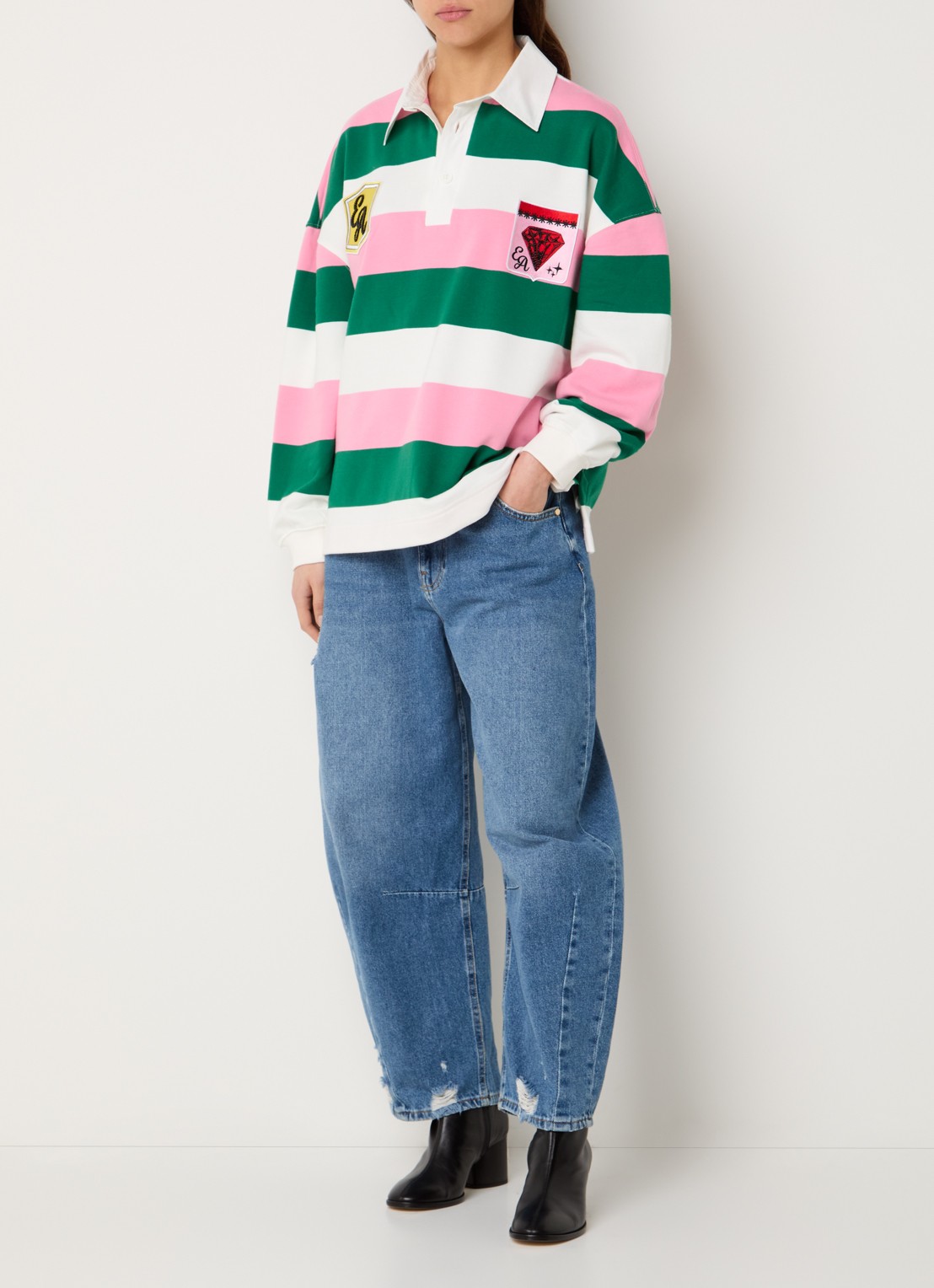 Essentiel Antwerp Joueur sweater met polokraag en borduring - voorkant 2 roze