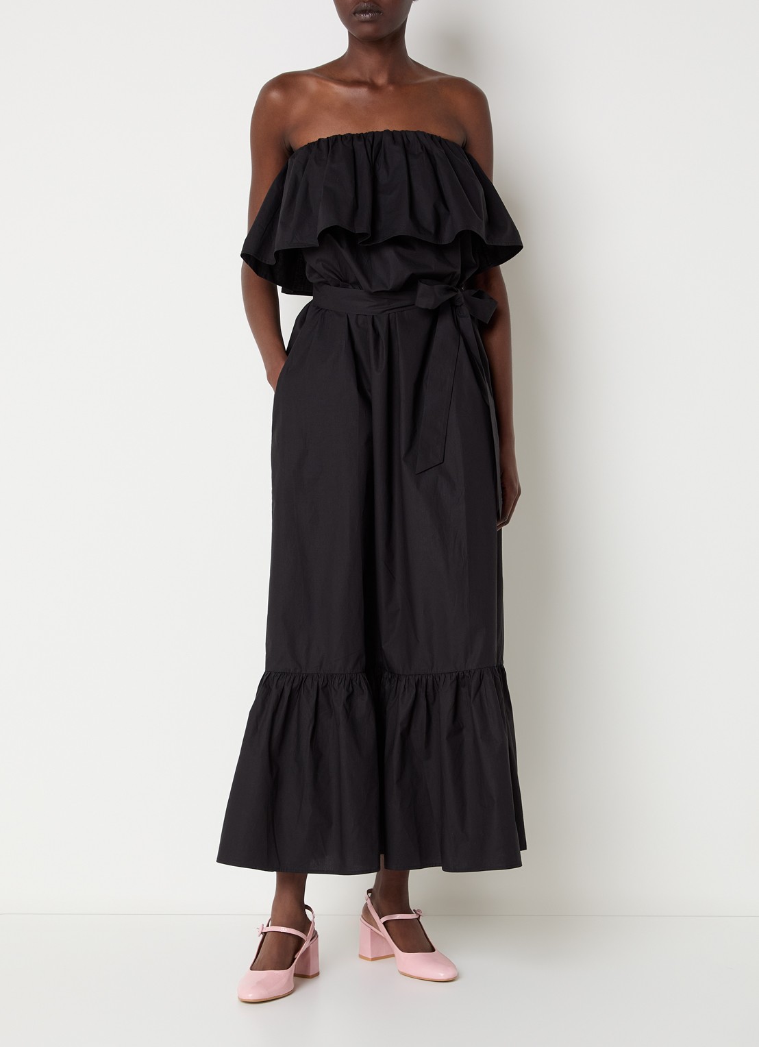 Essentiel Antwerp Joyce strapless maxi jurk met steekzakken en volant - detail 4 zwart