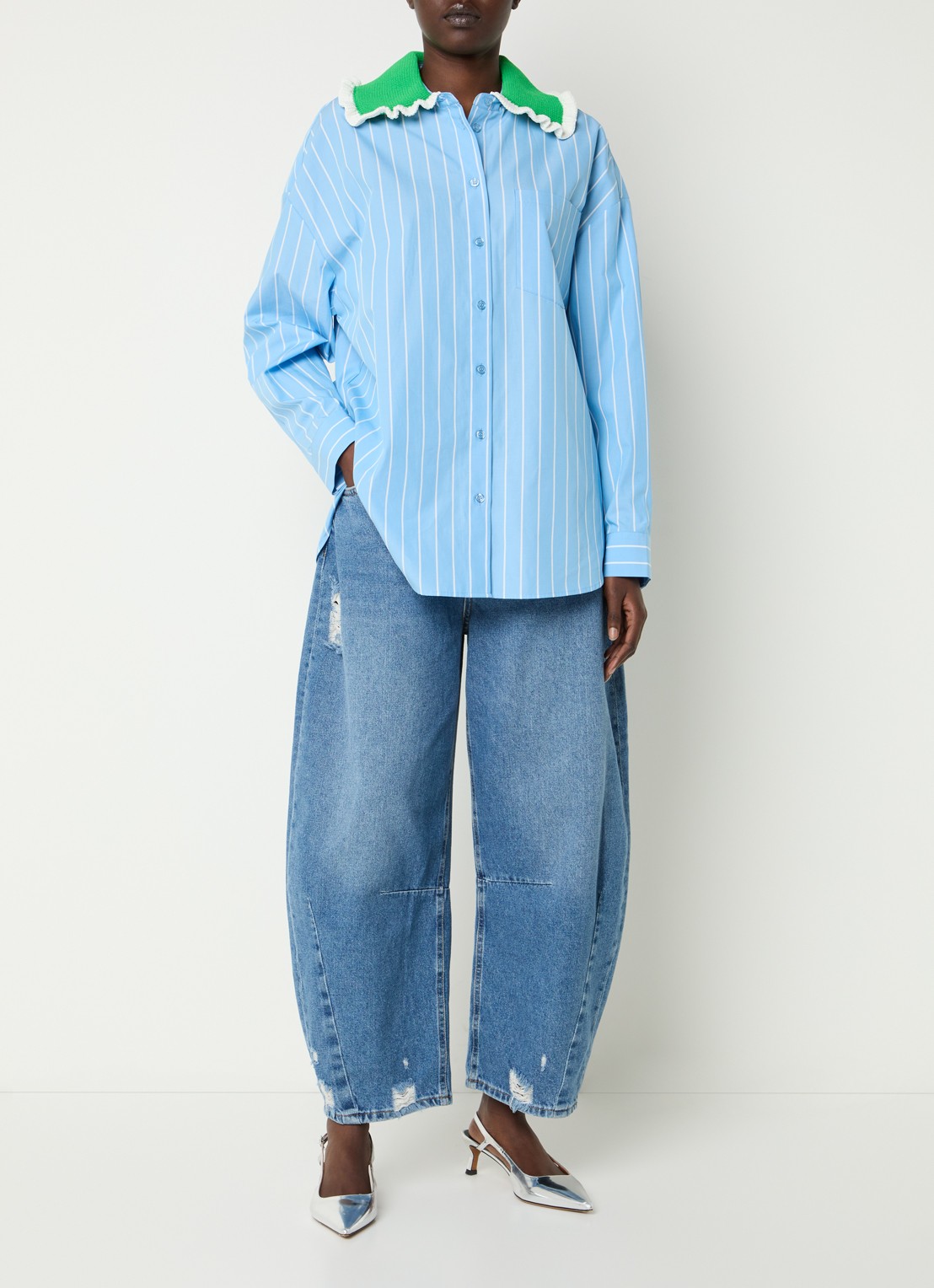 Essentiel Antwerp Joyful blouse met streepprint - voorkant 2 blauwgrijs
