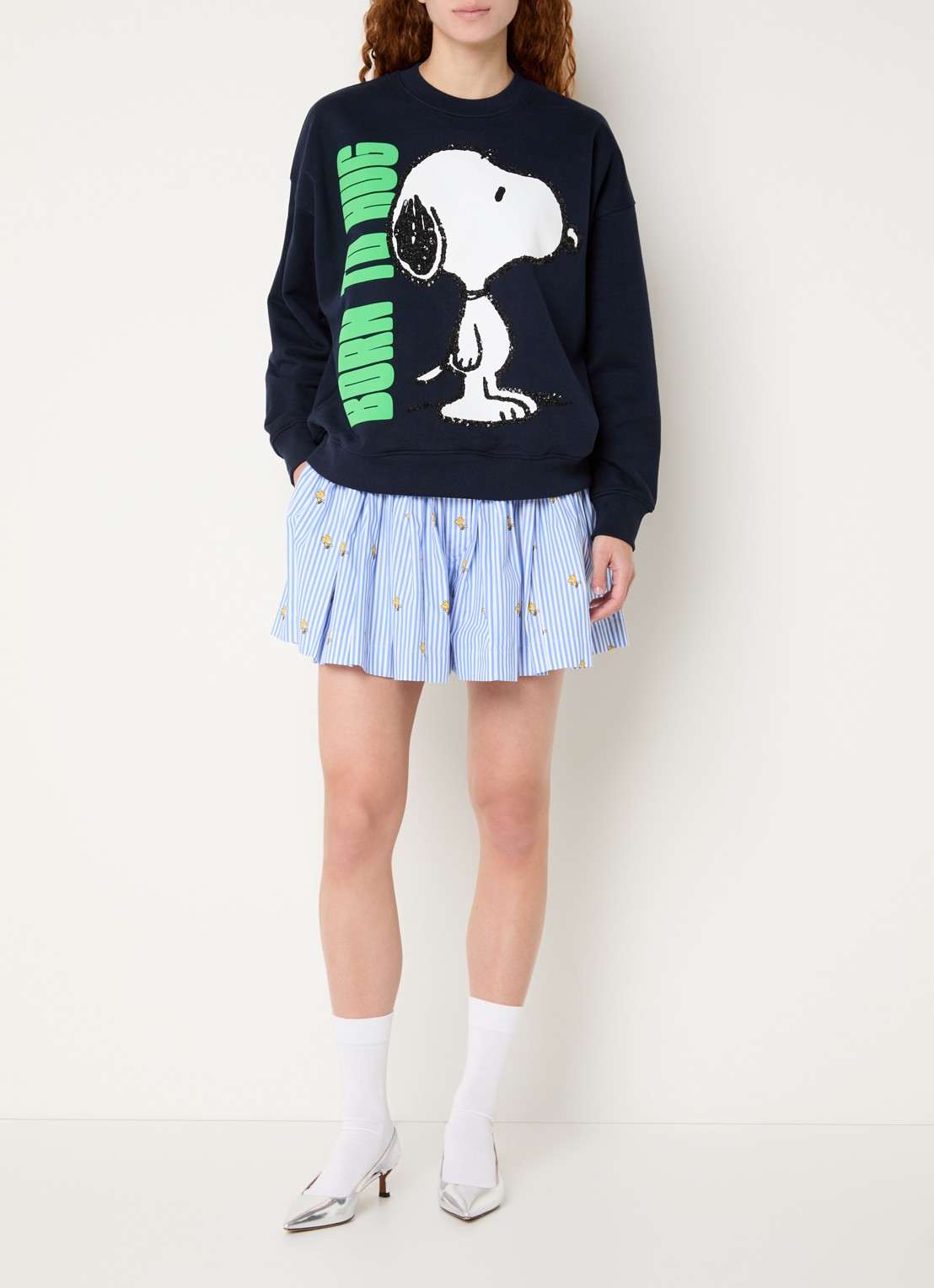 Essentiel Antwerp Jumbrella sweater met print en pailletten - voorkant 4 donkerblauw