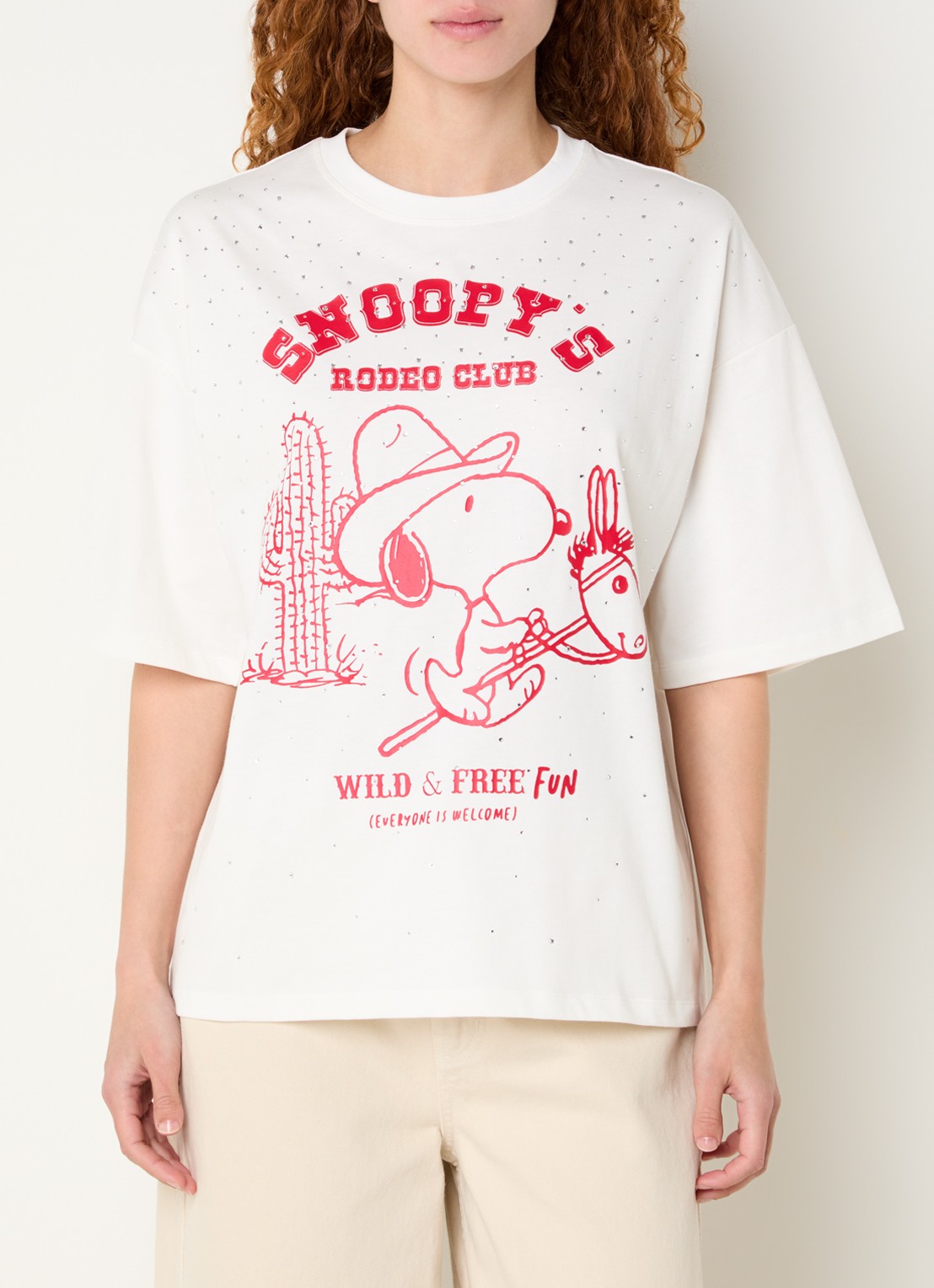 Essentiel Antwerp Junki T-shirt met strass en print - detail gebroken wit