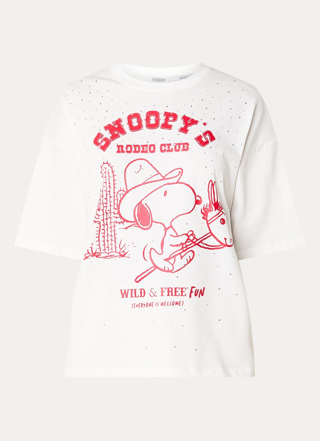 Essentiel Antwerp Junki T-shirt met strass en print - voorkant 2 gebroken wit