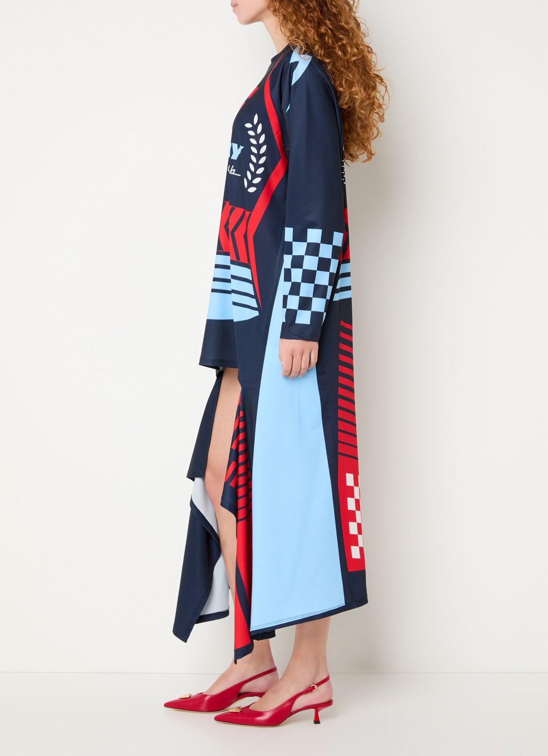 Essentiel Antwerp Jurry asymmetrische T-shirt jurk met print - voorkant 4 donkerblauw
