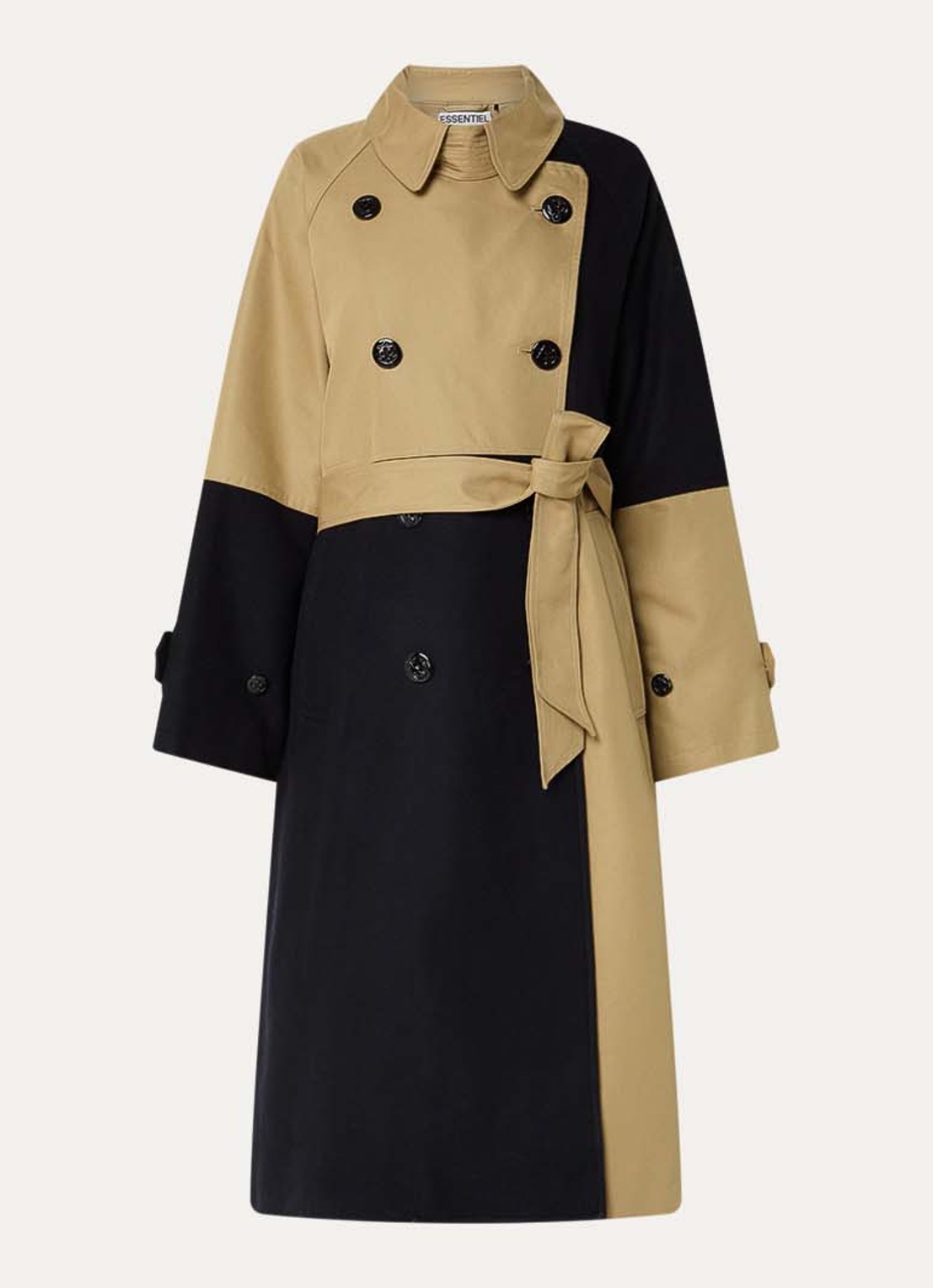 Essentiel Antwerp Just trenchcoat in wolblend met patchwork - voorkant 3 khaki