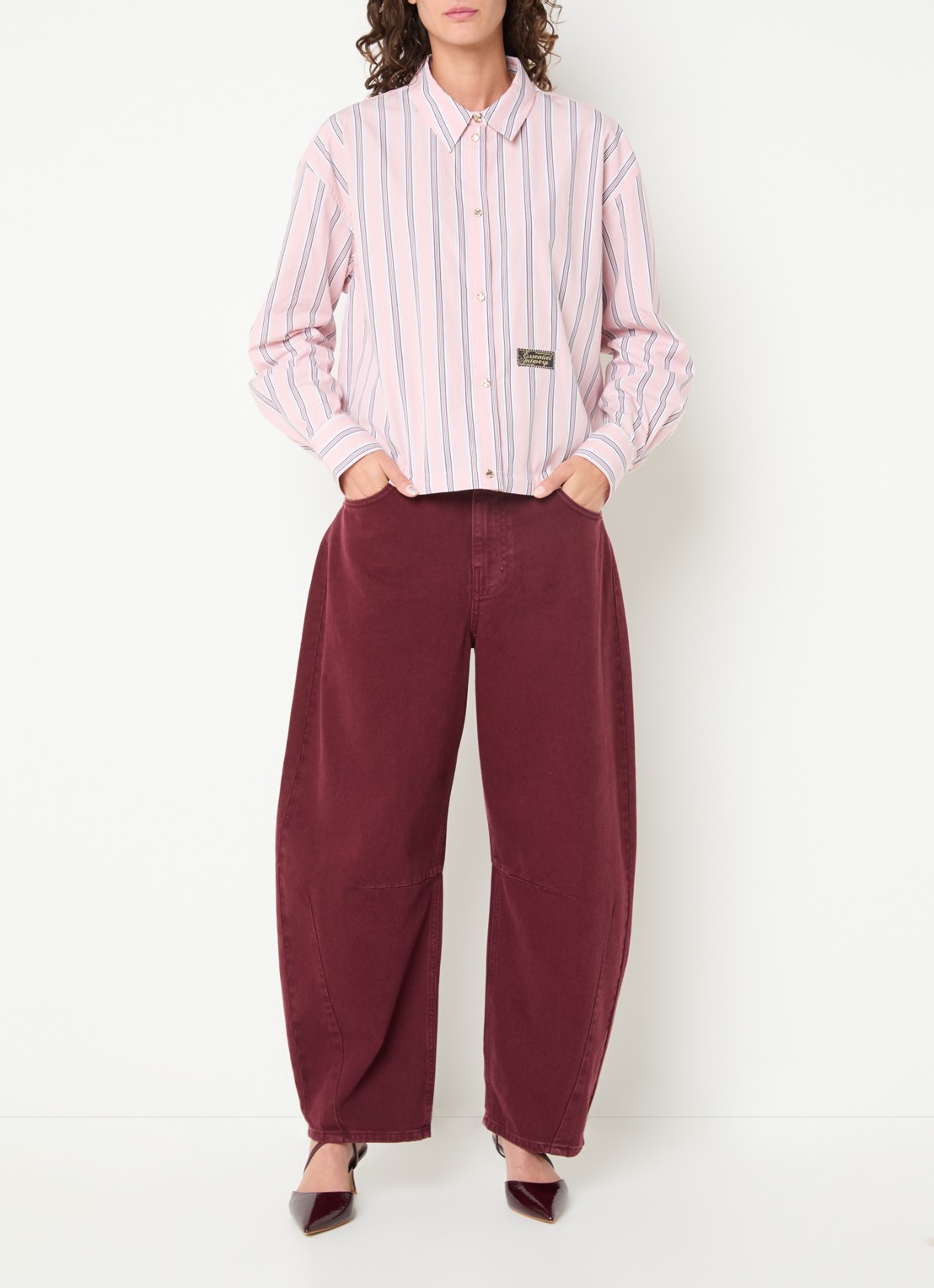 Essentiel Antwerp Kabu blouse met streepprint en logo - voorkant 2 roze