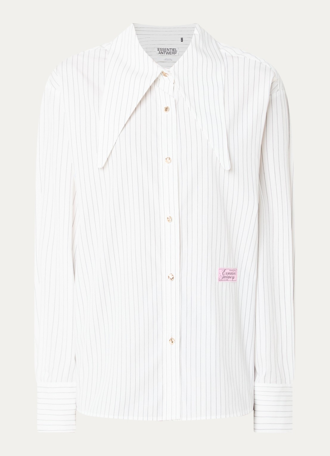 Essentiel Antwerp Kacao blouse met streepprint en logo - voorkant 2 wit