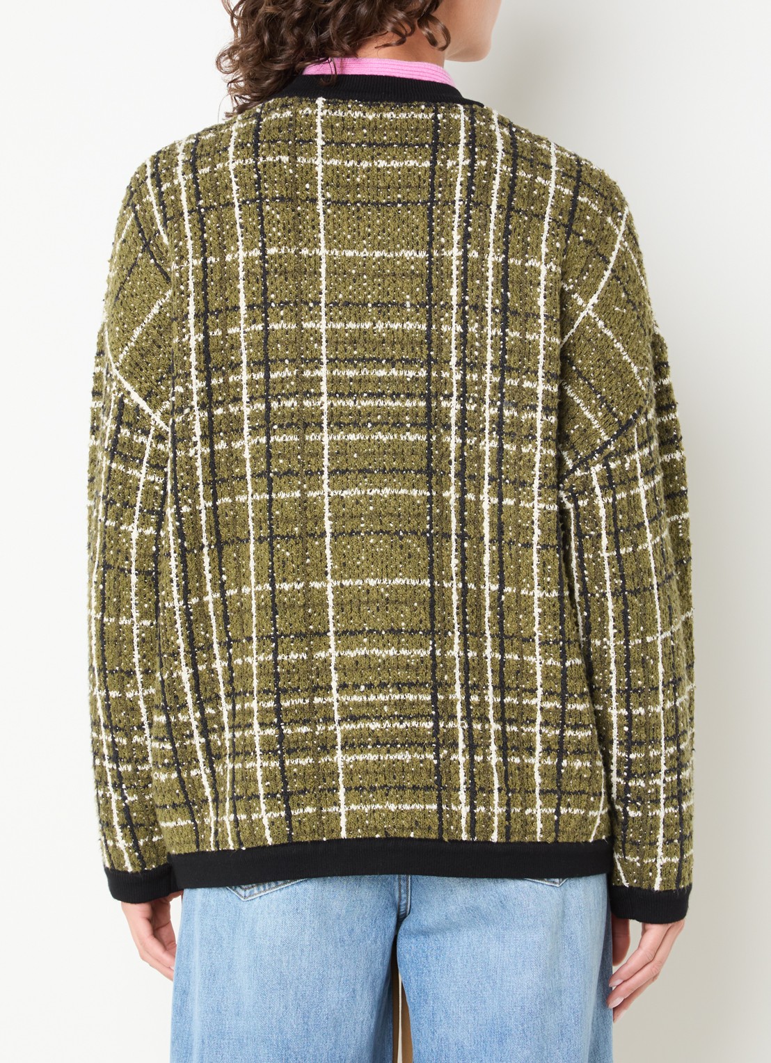 Essentiel Antwerp Kannel grofgebreid vest met ruitdessin en tweed-look - achterkant mosgroen