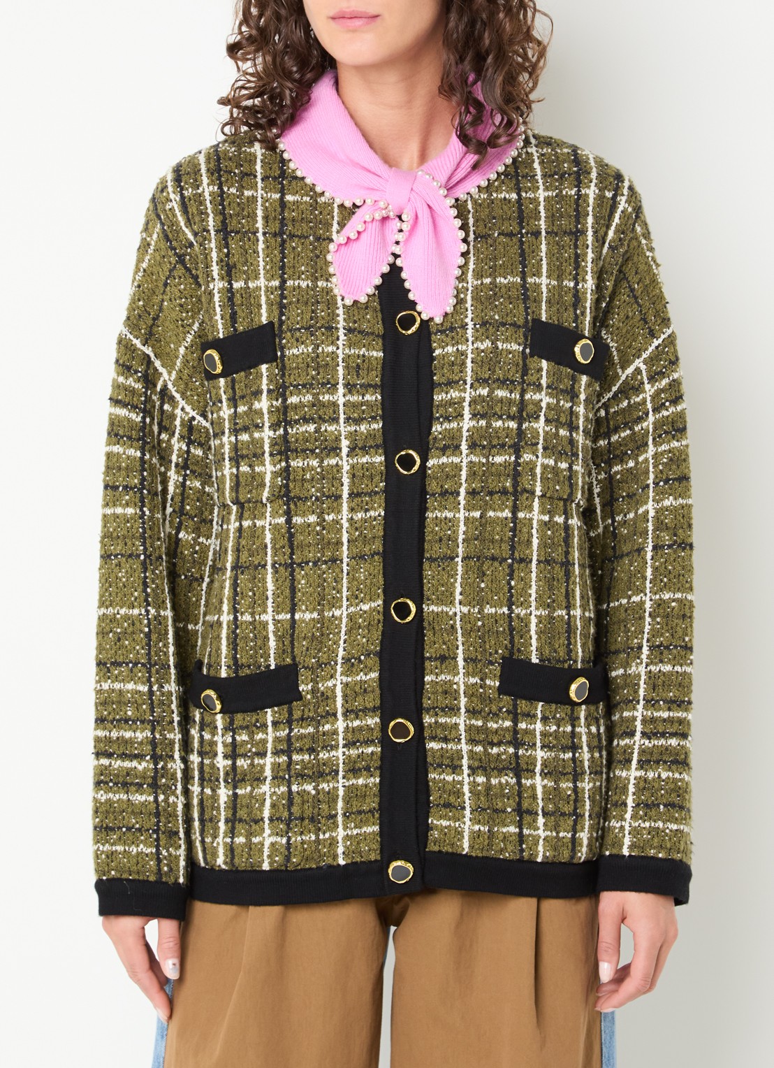 Essentiel Antwerp Kannel grofgebreid vest met ruitdessin en tweed-look - detail 4 mosgroen