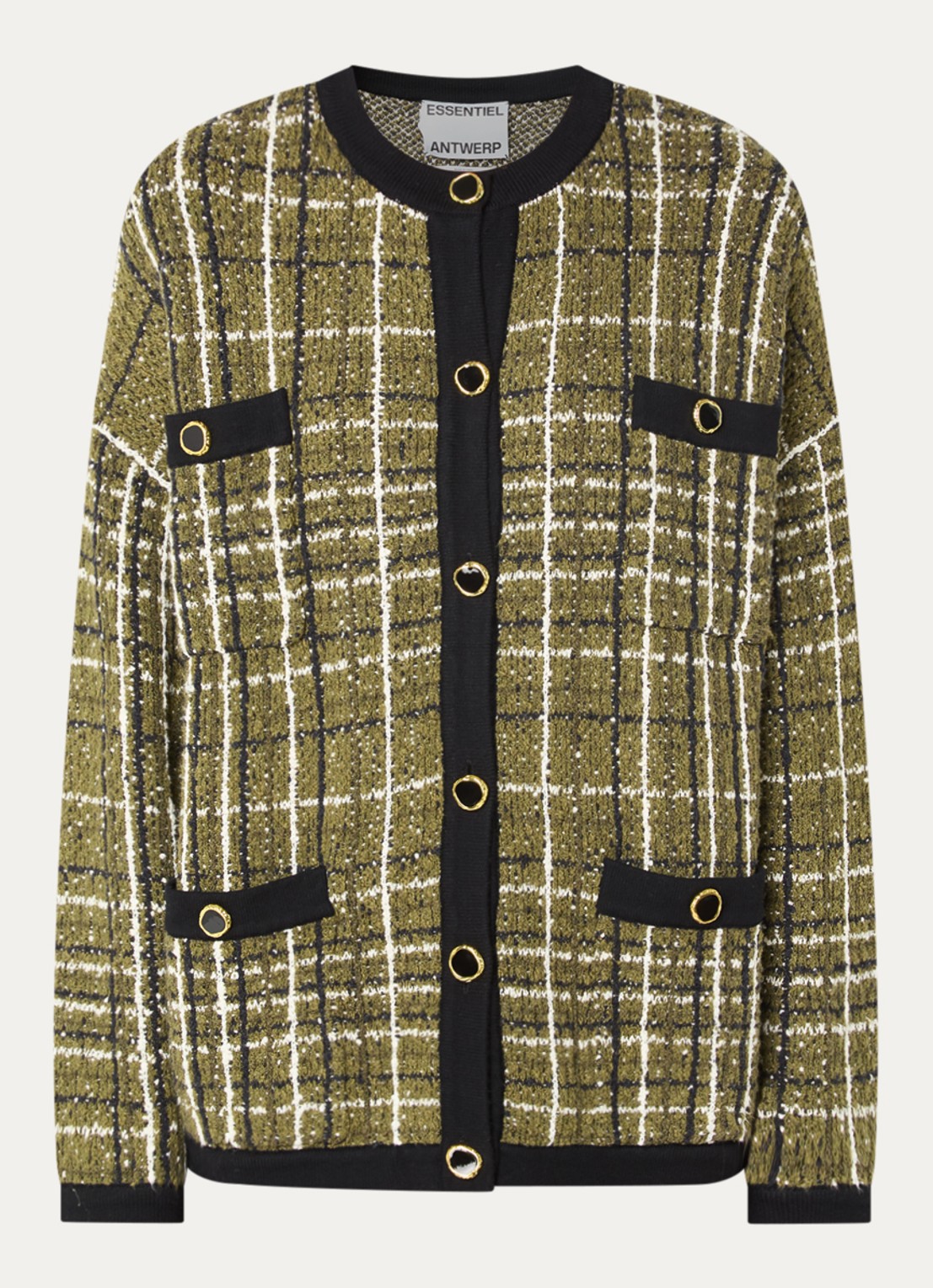 Essentiel Antwerp Kannel grofgebreid vest met ruitdessin en tweed-look - voorkant 2 mosgroen