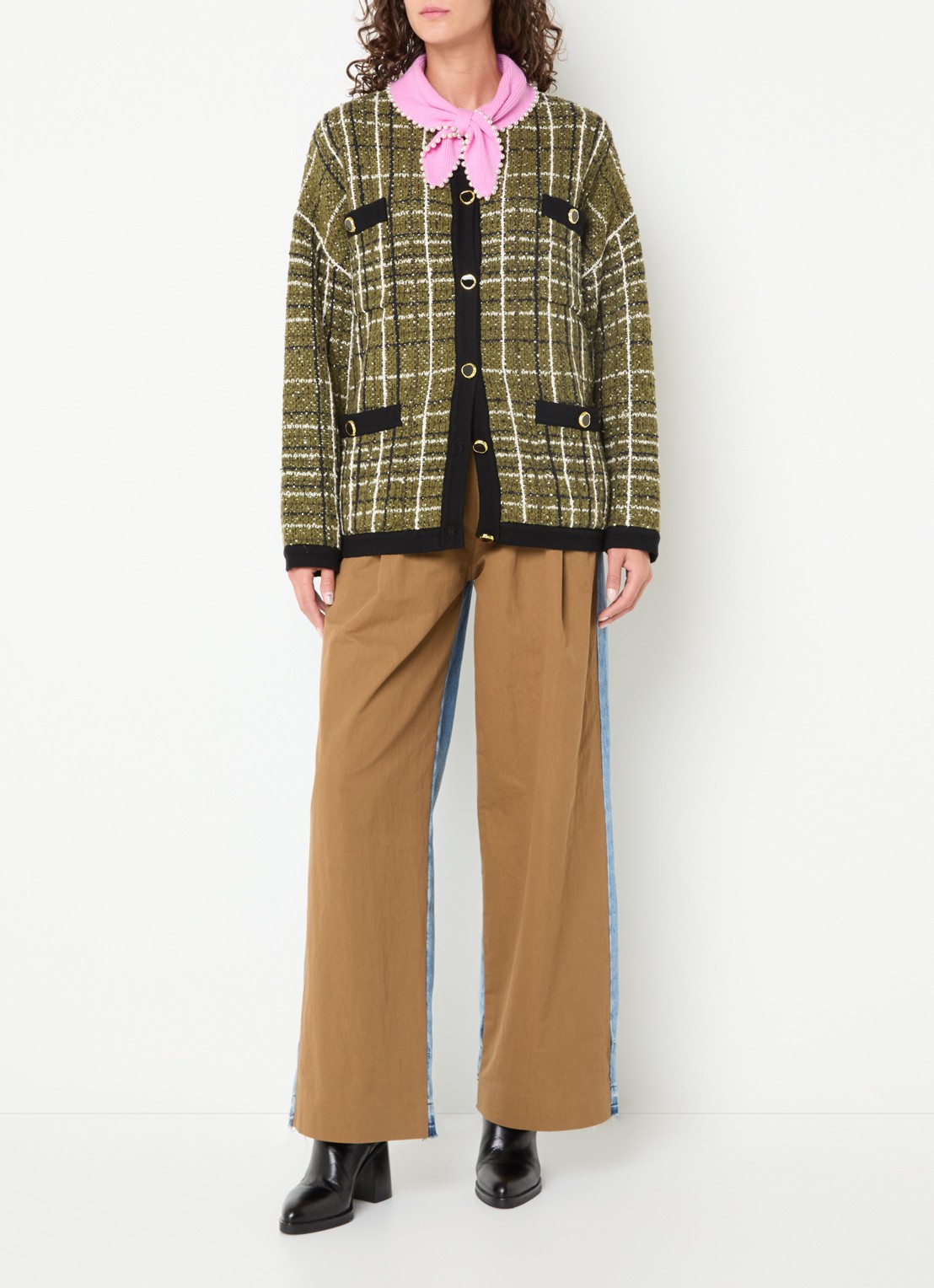 Essentiel Antwerp Kannel grofgebreid vest met ruitdessin en tweed-look - voorkant 3 mosgroen