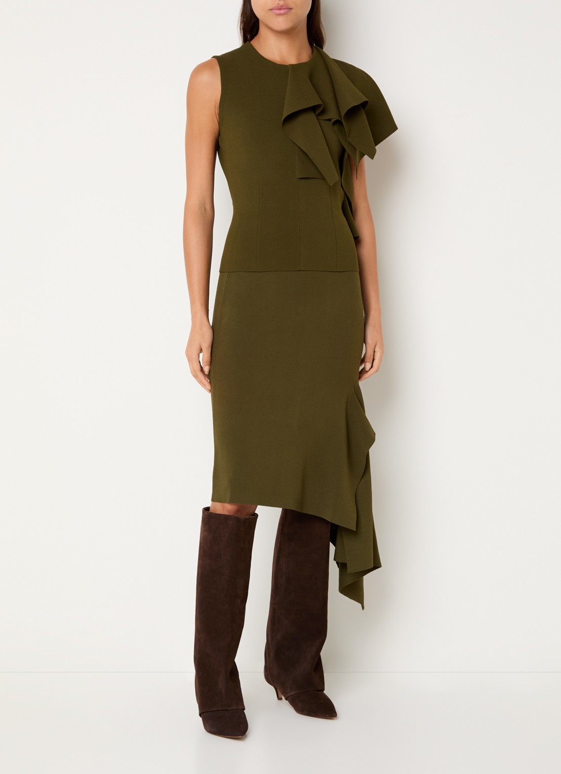 Essentiel Antwerp Kap midi kokerrok met stretch - voorkant 3 bronsgroen