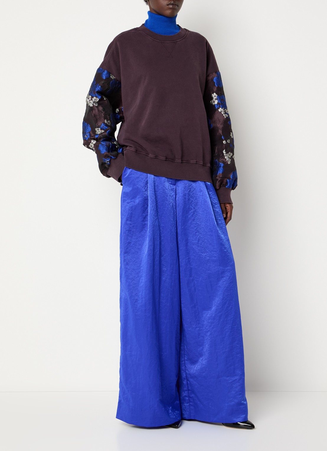 Essentiel Antwerp Karmen high waist wide fit palazzo broek met glanzende finish - voorkant 2 kobaltblauw