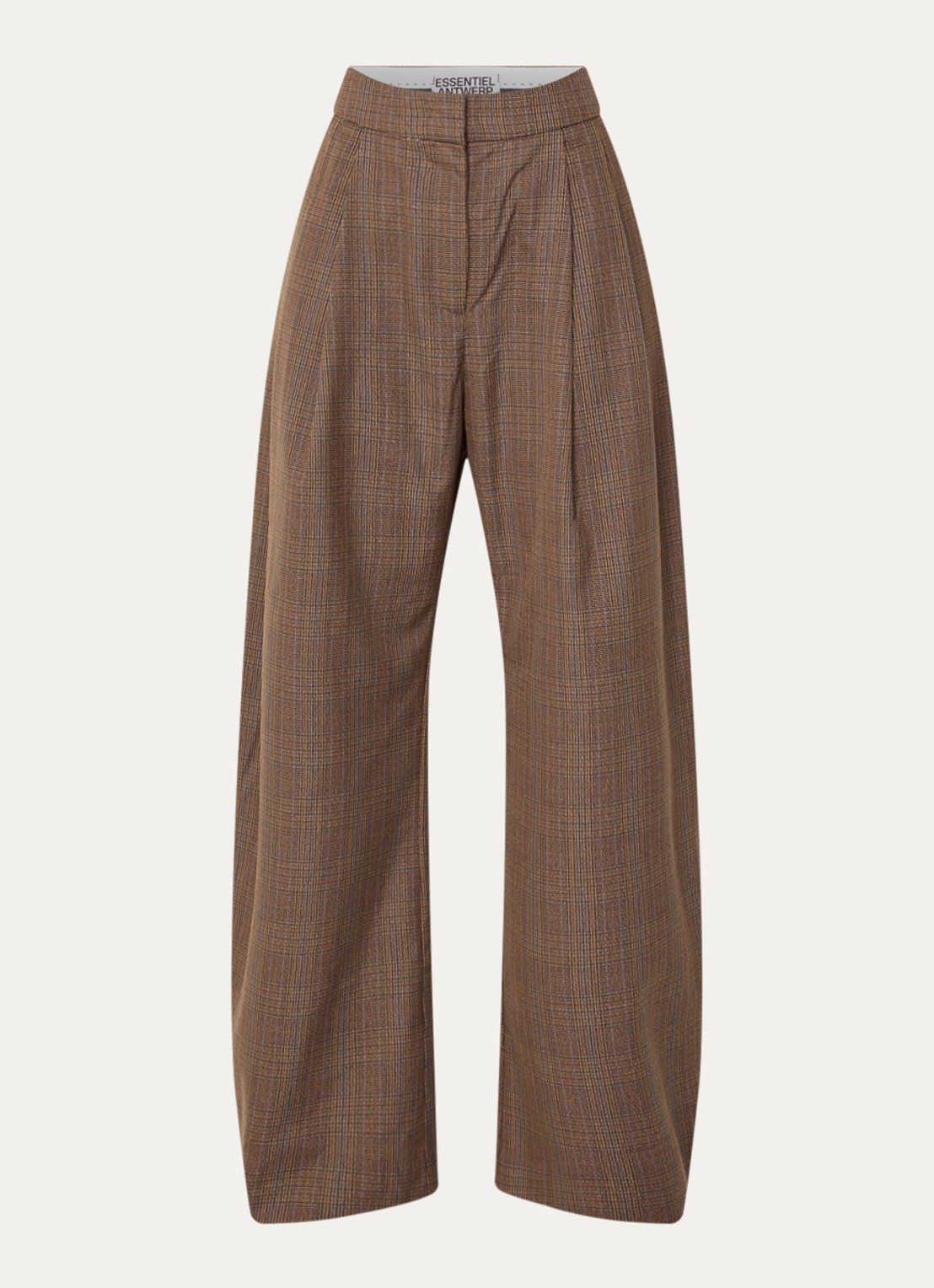 Essentiel Antwerp Karoll2 low waist balloon fit pantalon in wolblend met ruitdessin - voorkant 3 hazelnootbruin