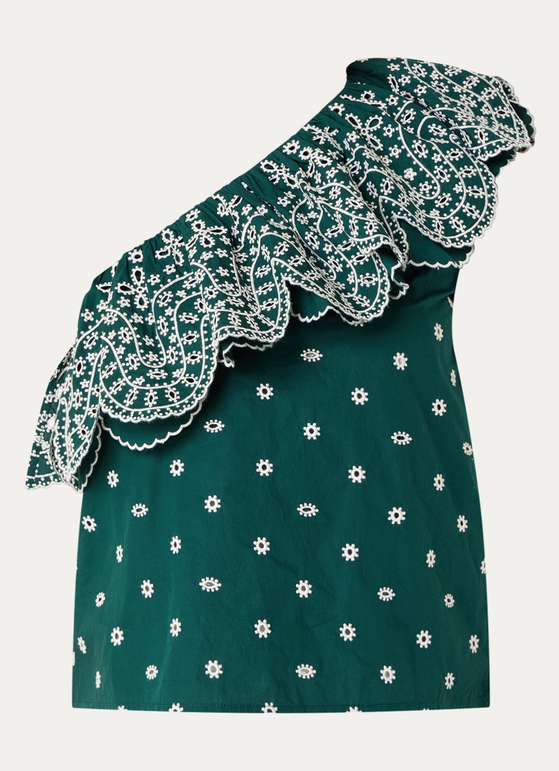 Essentiel Antwerp Kathscallop one shoulder top met ruches en broderie - voorkant 3 groen