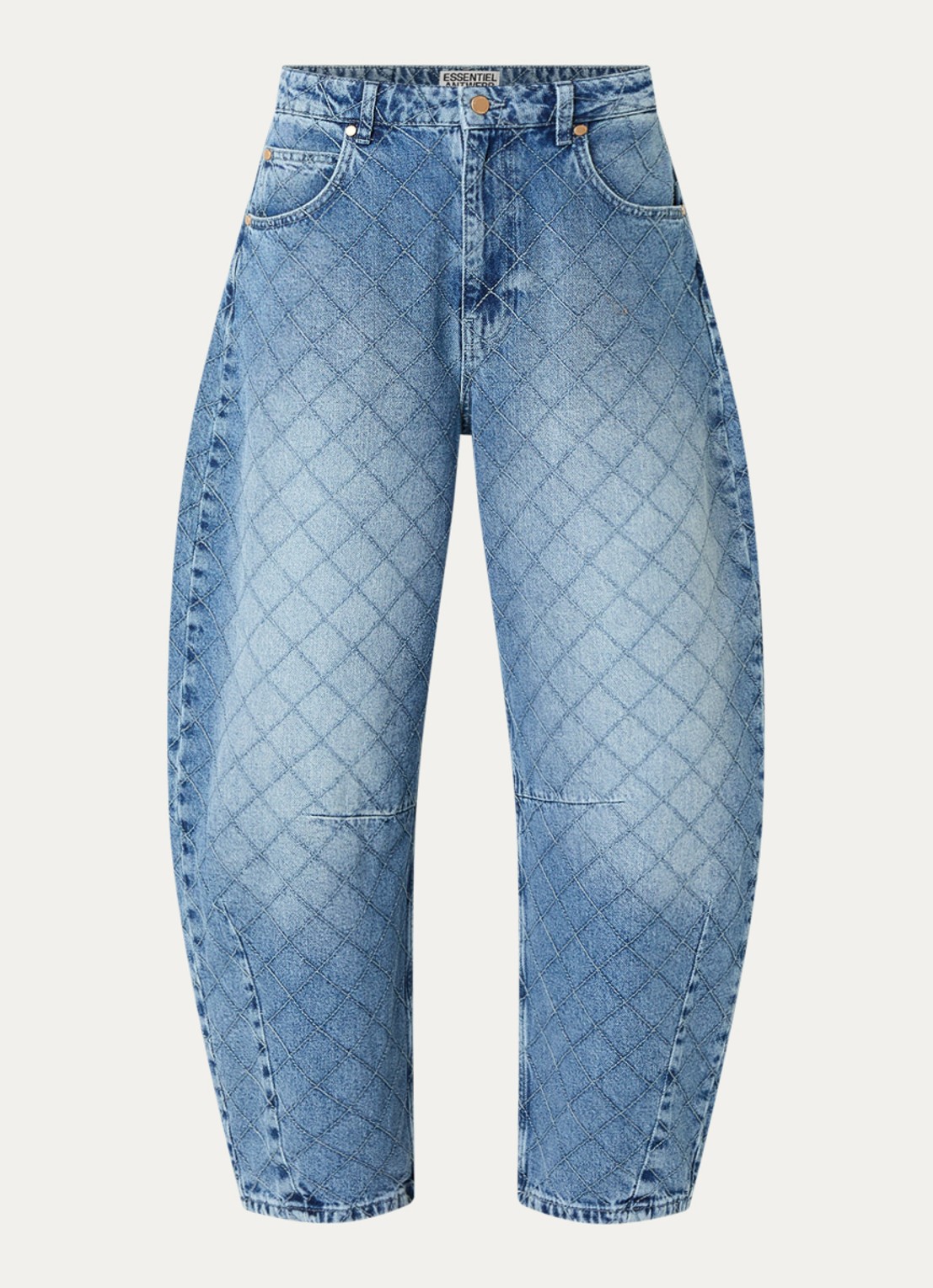 Essentiel Antwerp Katsu mid waist balloon fit jeans met medium wassing en quiltpatroon  - voorkant 2 indigo