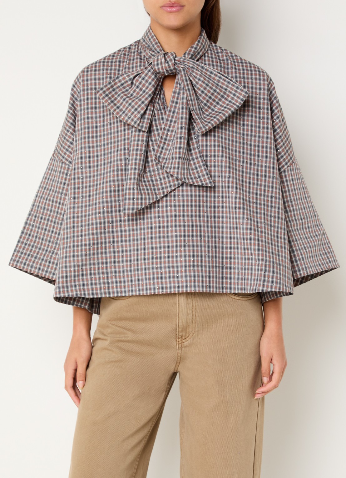 Essentiel Antwerp Kefir blouse met streepprint en sjaalkraag - detail grijs