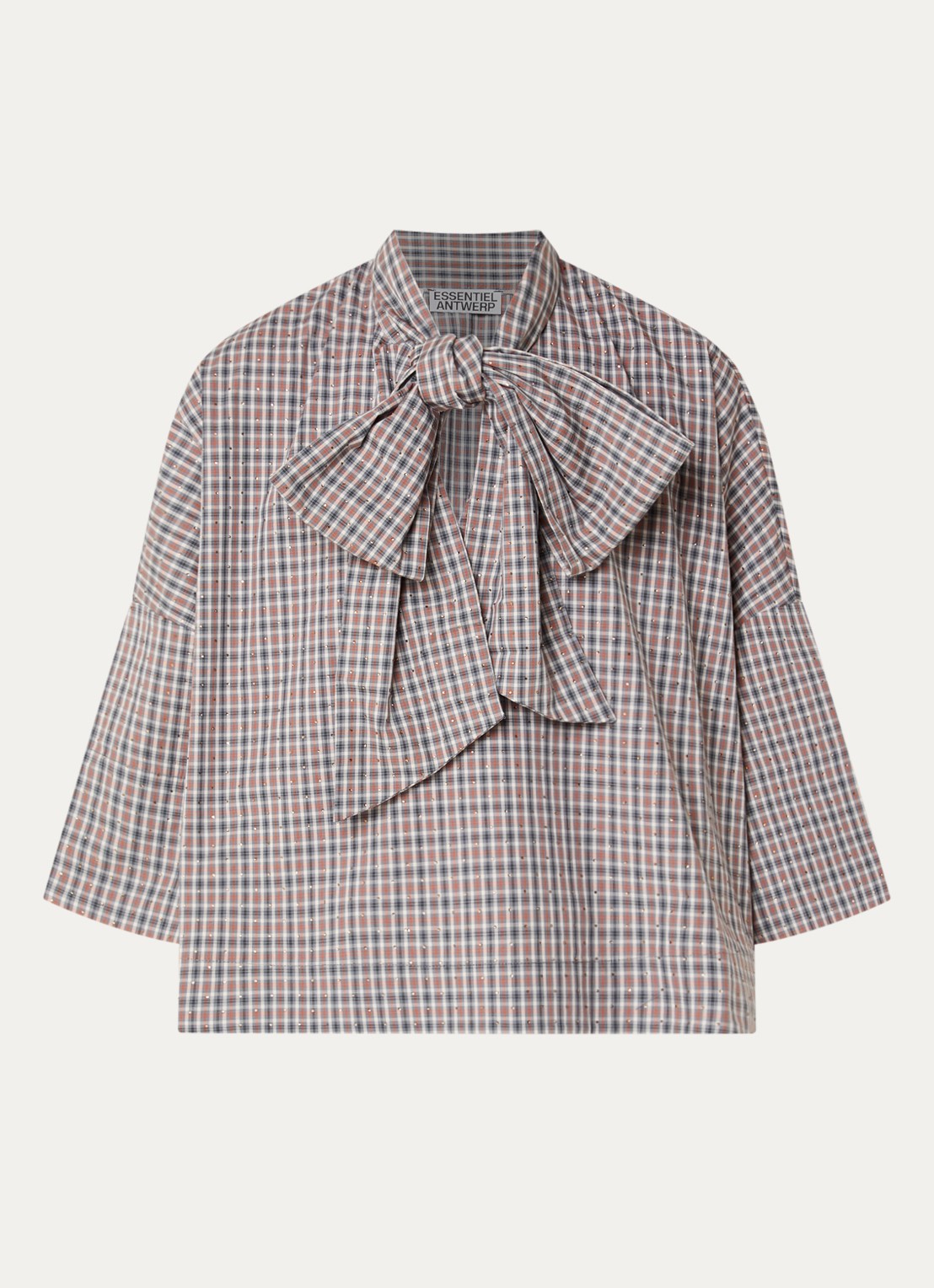 Essentiel Antwerp Kefir blouse met streepprint en sjaalkraag - voorkant 3 grijs