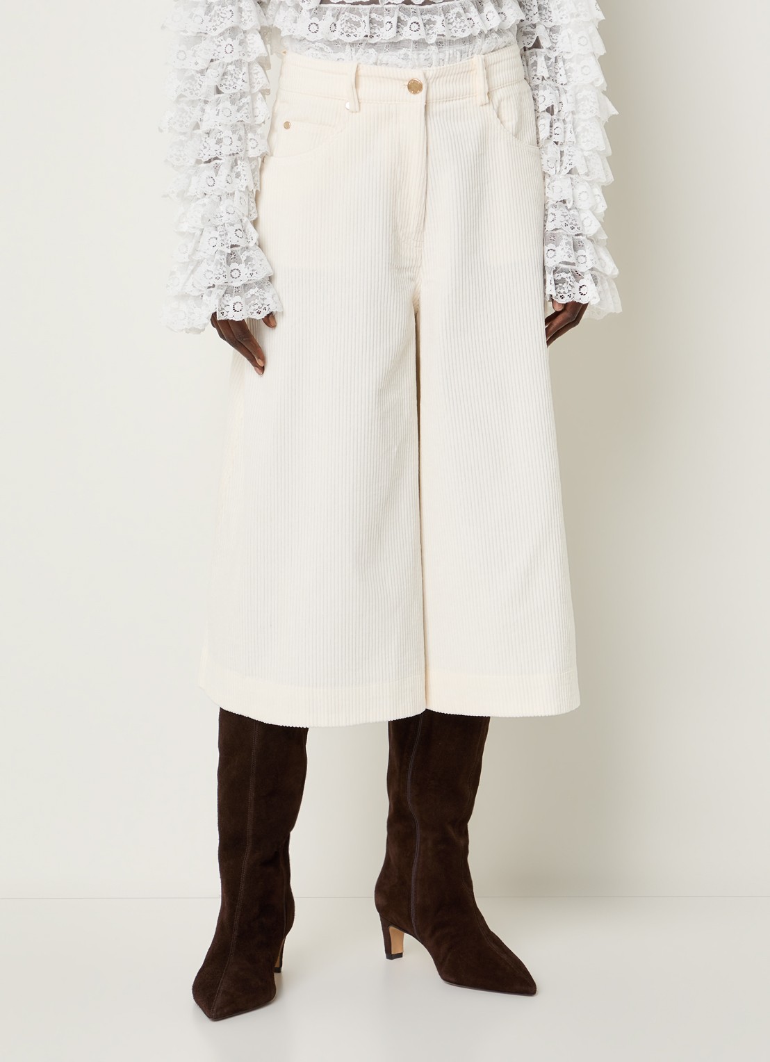 Essentiel Antwerp Kigi mid waist wide fit culotte van corduroy met steekzakken - detail gebroken wit