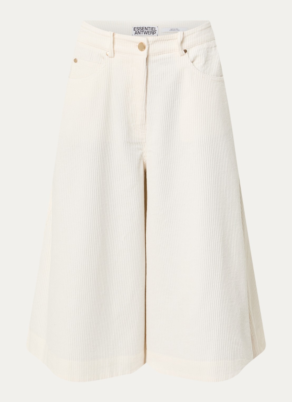 Essentiel Antwerp Kigi mid waist wide fit culotte van corduroy met steekzakken - voorkant 3 gebroken wit
