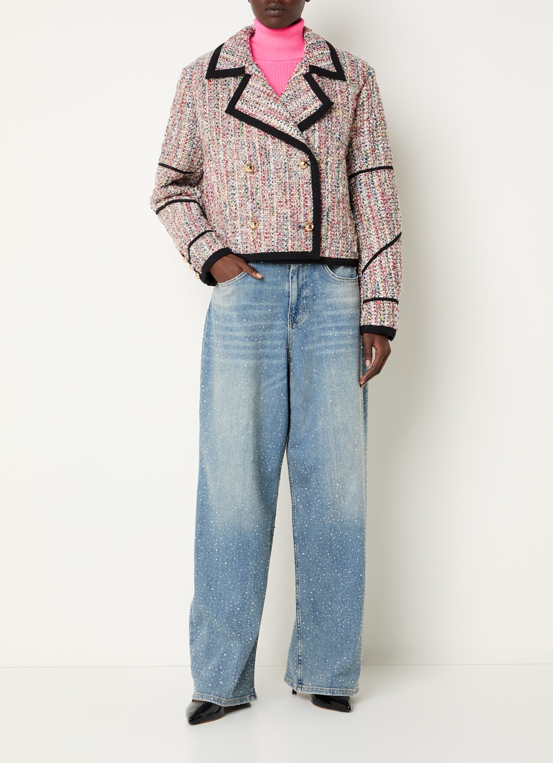 Essentiel Antwerp Kira1 cropped blazer van tweed met lurex - voorkant 3 roze
