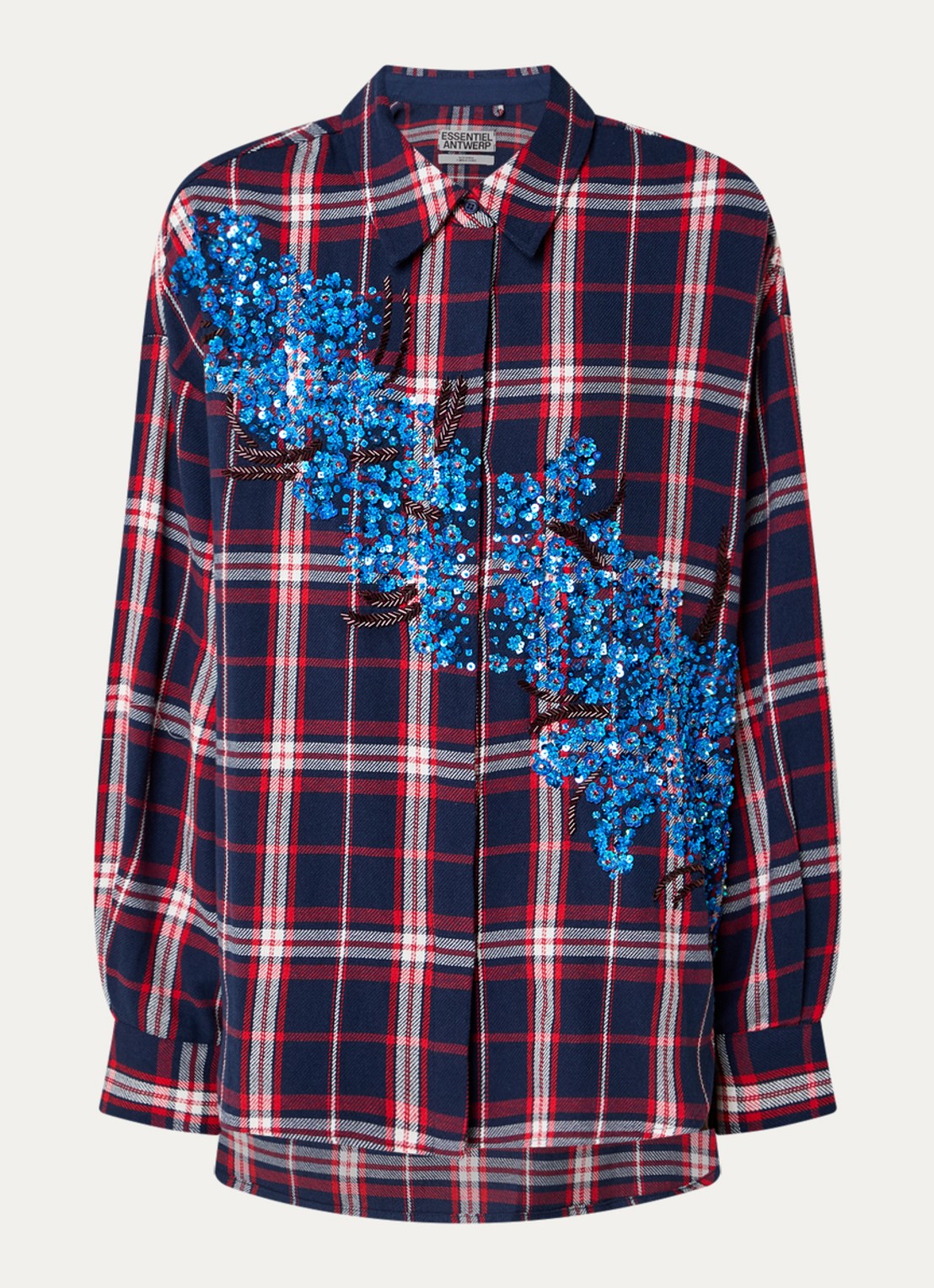 Essentiel Antwerp Kirke blouse met ruitdessin en pailletten - voorkant 2 donkerblauw