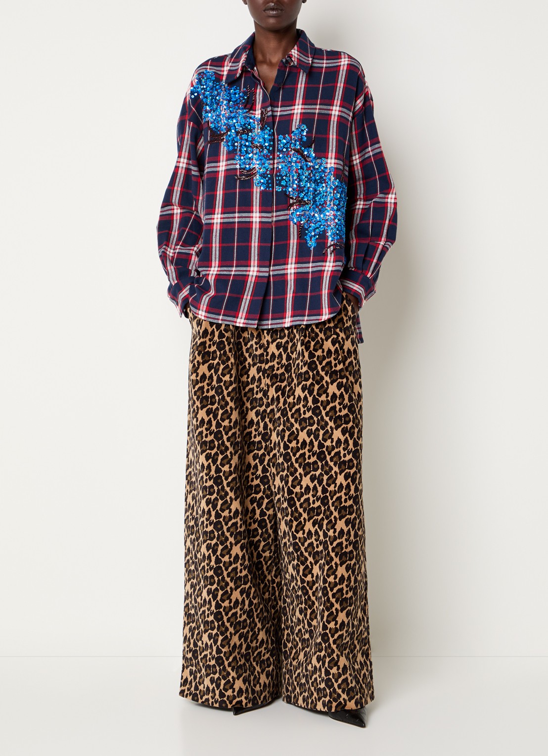 Essentiel Antwerp Kirke blouse met ruitdessin en pailletten - voorkant 3 donkerblauw
