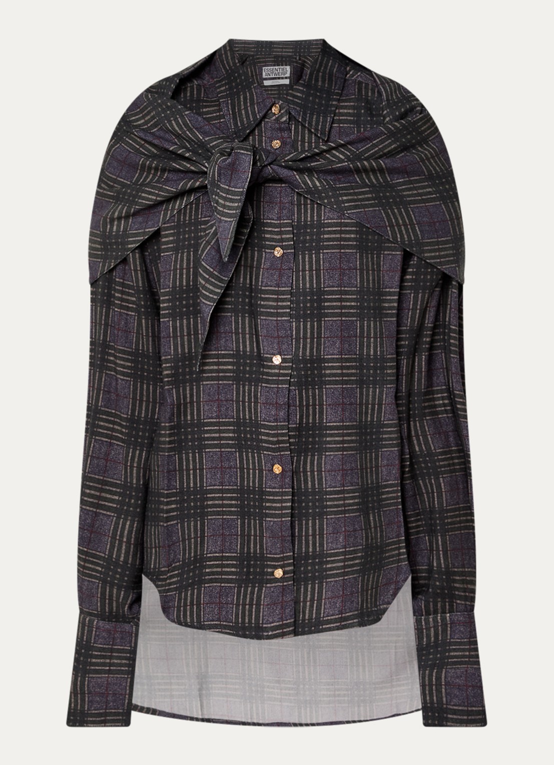 Essentiel Antwerp Kiss blouse in wolblend met sjaal in ruitdessin - voorkant olijfgroen